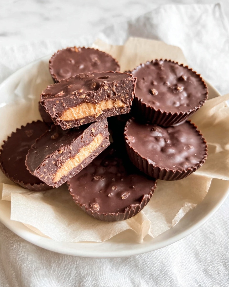 There is a white plate holding seven round chocolate cups with a rough texture and small nut pieces visible on the surface. One chocolate cup is cut in half and placed on top, showing a layered inside with a smooth light brown peanut butter filling in the center, surrounded by a crispy layer just under the chocolate shell. The chocolates rest on a light cream-colored wrinkled paper on the plate, all set against a white marbled textured background. photo taken with an iphone --ar 4:5 --v 7