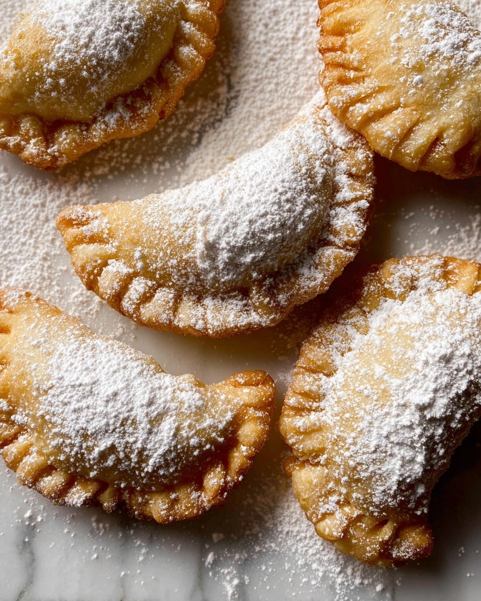 A close-up of five small crescent-shaped fried pastries arranged on a white marbled surface, each golden brown with a slightly crispy texture and topped with a thick layer of white powdered sugar that covers the entire top and edges. The powdered sugar scattered lightly around the pastries adds a soft, snowy effect, highlighting the rough and crimped edges of the dough. The light shines softly, emphasizing the powder’s fine grain and the uneven, homemade shape of the pastries. photo taken with an iphone --ar 4:5 --v 7