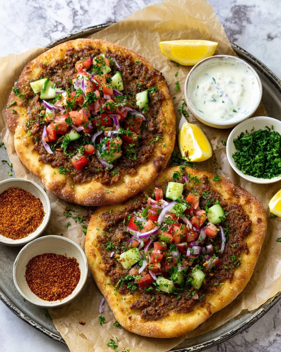 Two flat round breads with thin layers of ground meat topped with small diced cucumber, tomato, and thin slices of red onion on each one, placed side by side on parchment paper on a round metal tray. Around the breads, there are three lemon wedges with bright yellow color and a small white bowl filled with a creamy white sauce with green herbs. Additionally, small white bowls hold chopped green herbs, a mix of red spices, and a cucumber-tomato salad. The background is a white marbled surface. photo taken with an iphone --ar 4:5 --v 7