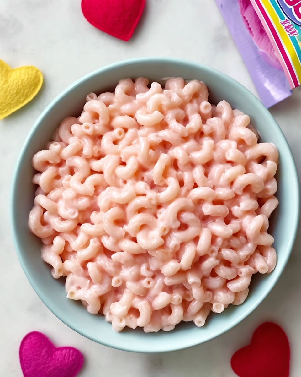 This image shows a blue pot filled with three layers of elbow macaroni pasta, fully coated in a thick, creamy pink sauce. The pasta is smooth and shiny, and the pink sauce looks rich and glossy, covering every piece of macaroni. A wooden spoon is partially submerged in the pasta, stirring the mixture. The pot rests on a white marbled surface decorated with colorful heart shapes in pink, orange, purple, and red, adding a playful, festive feel to the scene. Behind the pot, a metal bowl filled with small pink candies is slightly visible. photo taken with an iphone --ar 4:5 --v 7