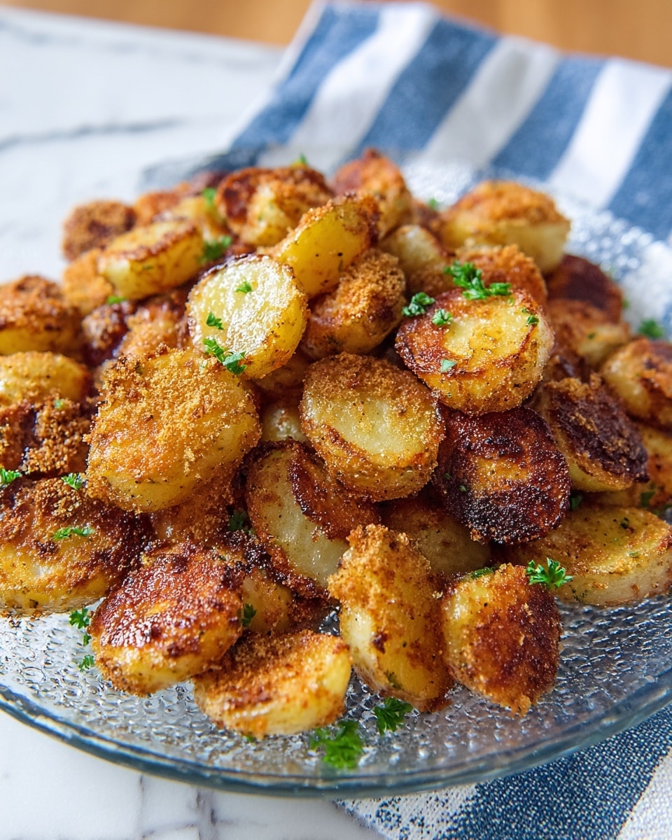 A clear white plate filled with many small, round potato slices that are golden brown and crispy, some with darker brown burnt spots; the slices have a rough, crumbly texture from a breaded coating and are scattered unevenly, garnished with small green parsley leaves on top, all placed on a white marbled surface with a blue and white striped cloth near the plate; photo taken with an iphone --ar 4:5 --v 7