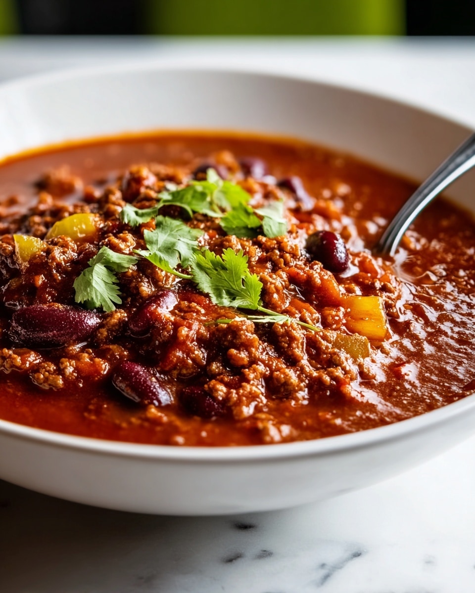 A white bowl filled with thick chili, piled high in the center with layers of rich red sauce mixed with ground meat, dark red kidney beans, and small yellow chunks of bell pepper. The texture looks chunky and hearty, topped with fresh green cilantro leaves that add a touch of brightness. A silver spoon is placed on the right edge of the bowl, slightly submerged in the chili. The bowl sits on a white marbled surface with a blurred green background. photo taken with an iphone --ar 4:5 --v 7