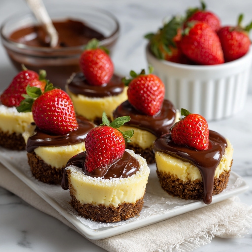 The image shows small cheesecake bites arranged on a white marbled surface with a piece of parchment paper underneath some of them. Each bite has three visible layers: a crumbly, light-brown crust at the bottom; a thick, creamy, pale-yellow cheesecake middle; and a shiny, smooth dark chocolate layer on top that acts as a base for one fresh strawberry covered in dark chocolate, with the red and green strawberry tips peeking out. There are extra pieces of dark chocolate and a half-dipped strawberry with the red inside visible lying nearby. The background holds out-of-focus white cups and plates with red patterns filled with strawberries, all set on the white marbled texture. Photo taken with an iphone --ar 4:5 --v 7