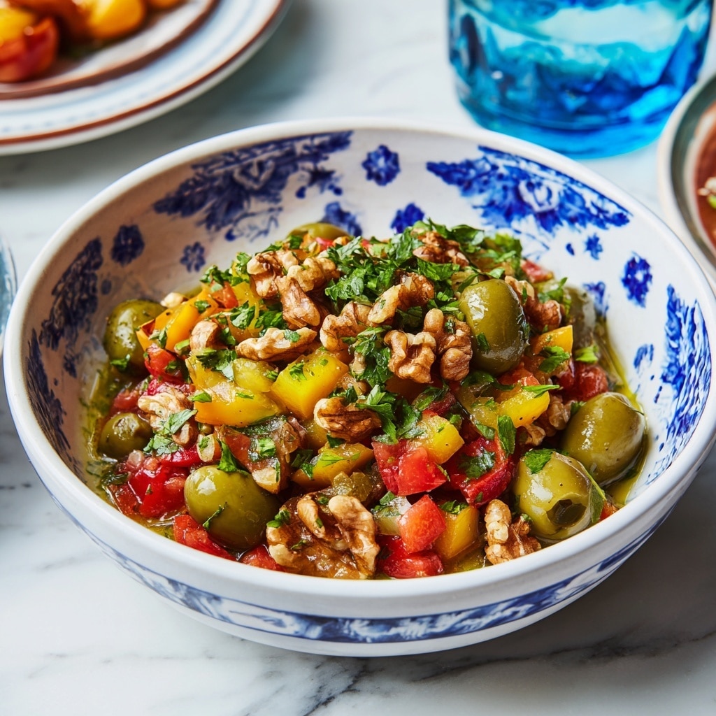 A close-up view of a salad served in a white bowl with blue swirl patterns. The salad has one main layer made up of green olives, yellow diced bell peppers, red diced tomatoes, chopped onions, fresh chopped green herbs, and pieces of walnuts, all mixed evenly. The textures vary with the smooth olives, crunchy nuts, and soft chopped vegetables. The image is bright and colorful, showing the freshness of the ingredients against the white marbled texture background. photo taken with an iphone --ar 4:5 --v 7