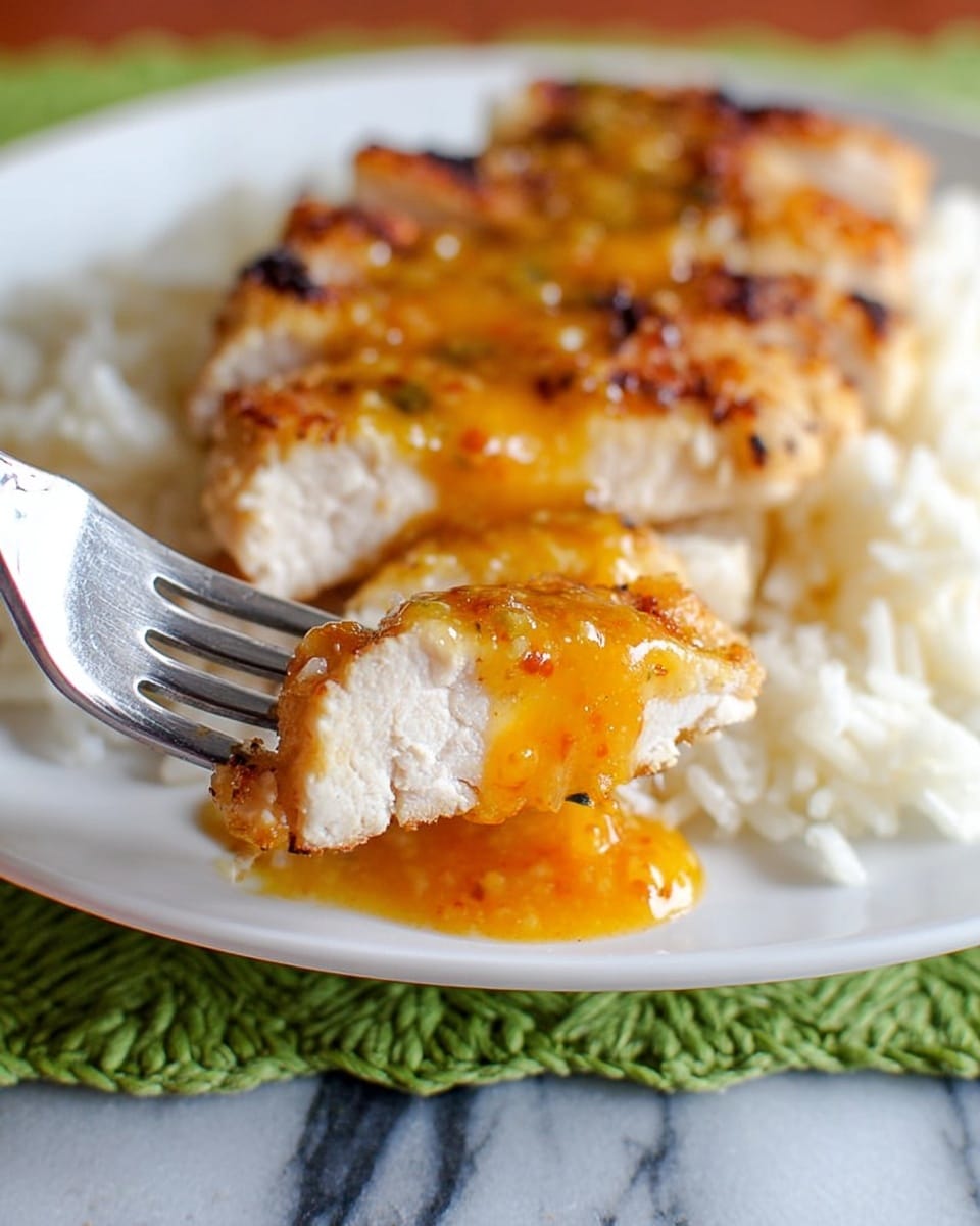 A close-up image shows a fork holding a piece of golden-brown grilled chicken with a slightly crispy texture. The chicken piece is dripping with a glossy orange sauce. Below the fork, there is more of the orange sauce spread on a white plate. In the background, slices of grilled chicken rest on a bed of fluffy white rice. The surface under the plate is a white marbled texture with a hint of green fabric visible at the bottom edge. photo taken with an iphone --ar 4:5 --v 7