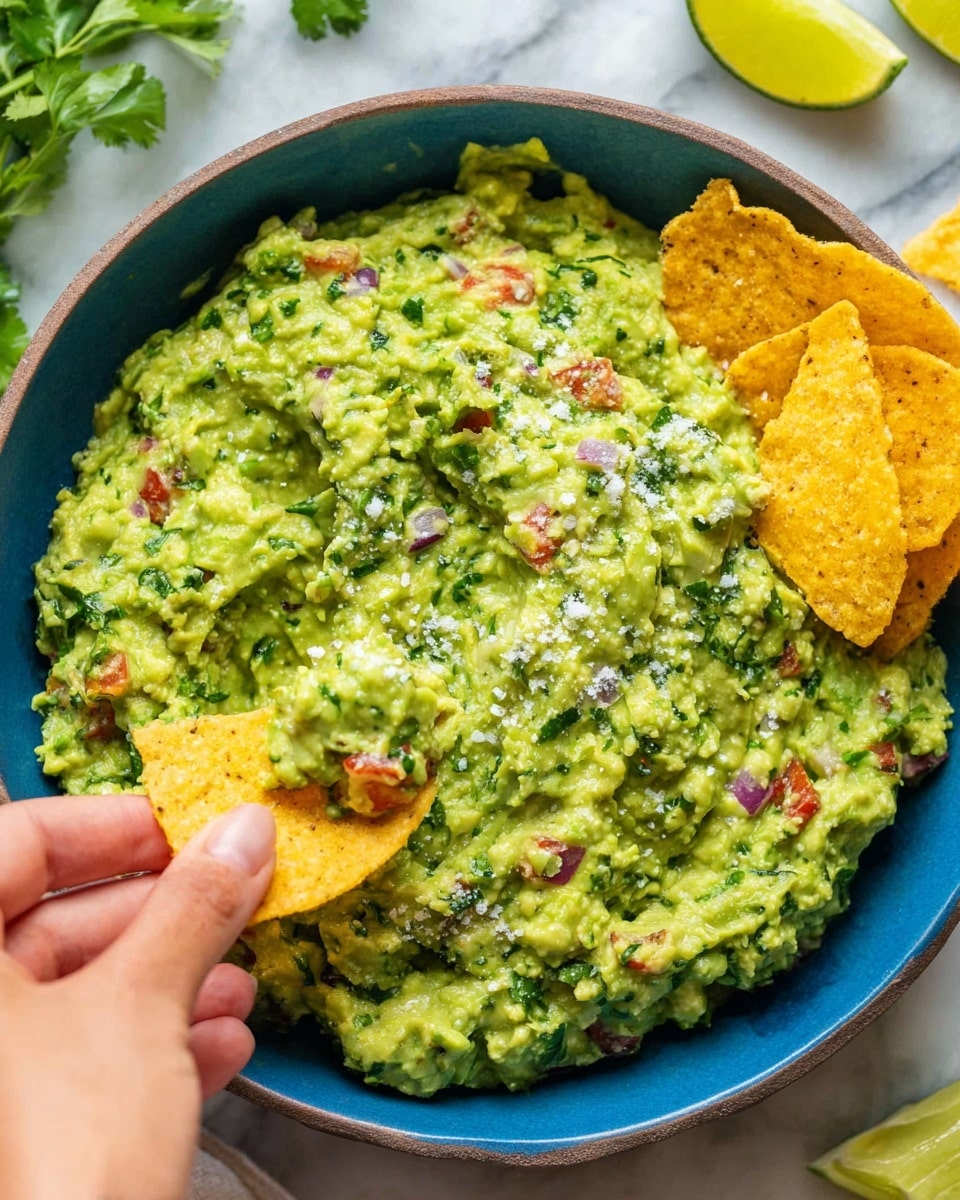 A close-up view of a blue bowl filled with chunky green guacamole that has visible pieces of red tomato and small bits of purple onion mixed throughout. The guacamole is textured with mashed avocado and finely chopped herbs, giving it a fresh and creamy look. On the right side of the bowl are three golden yellow tortilla chips sprinkled with coarse salt, partially dipped into the guacamole. A woman's hand is holding one of the tortilla chips, scooping up some of the guacamole. The bowl is set on a white marbled surface with lime wedges and fresh cilantro in the background. Photo taken with an iphone --ar 4:5 --v 7