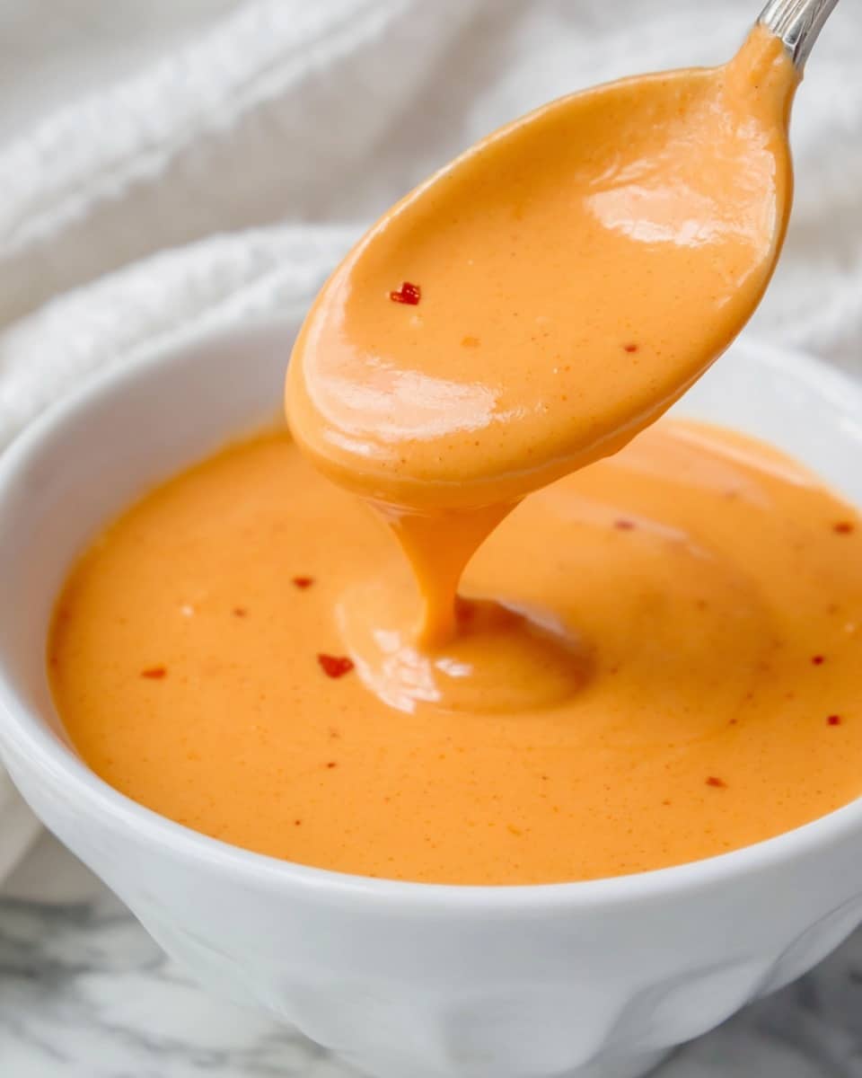 A close-up of a white bowl filled with smooth, creamy orange sauce that has small red specks evenly mixed throughout. A spoon is lifting some of the sauce from the bowl, creating a thick, flowing drip back into the bowl. The sauce looks rich and velvety, with a glossy texture reflecting light. The bowl sits on a white marbled surface with a soft white cloth blurred in the background. photo taken with an iphone --ar 4:5 --v 7