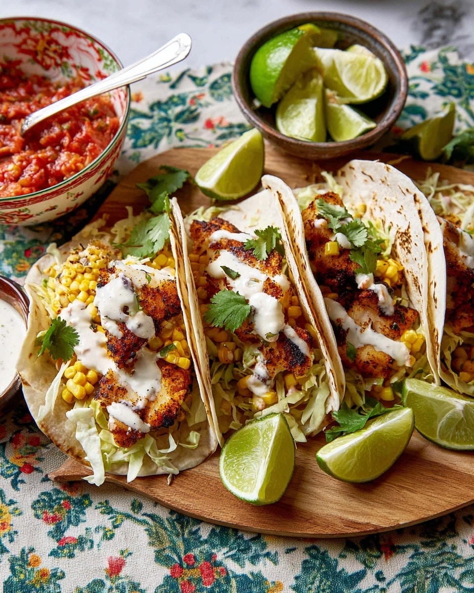 Three soft white tacos are filled with several layers sitting on a wooden board over a patterned cloth on a white marbled surface. Each taco is filled with a bottom layer of shredded pale green cabbage, followed by crispy grilled golden-brown fish pieces with a light char, bright yellow grilled corn kernels, and fresh green cilantro sprigs. The tacos are topped with creamy white sauce drizzled unevenly. Around the tacos are sliced bright green limes, a bowl of red salsa with a floral pattern on the rim, and another bowl with a spoon holding white sauce. photo taken with an iphone --ar 4:5 --v 7