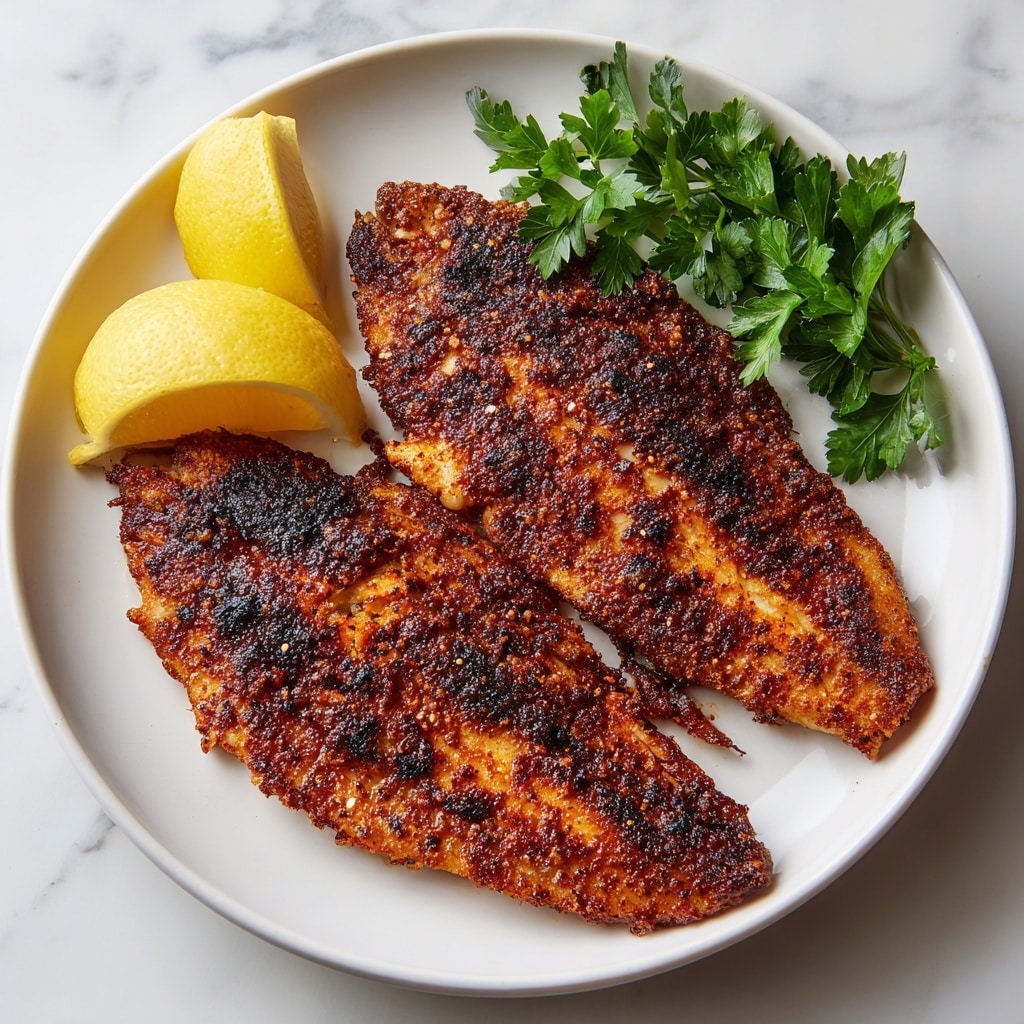 The image shows two fried fish fillets on a white plate, each with a crispy, dark reddish-brown crust sprinkled with spices, giving a textured and slightly charred look. The fillets have uneven, rough surfaces with some blackened spots indicating a well-cooked crust. To the left side of the plate, there are two lemon halves, their bright yellow color contrasting with the fish. On the upper right corner of the plate, a small bunch of bright green parsley adds a fresh touch. The plate is set on a white marbled surface, providing a clean and simple backdrop. photo taken with an iphone --ar 4:5 --v 7