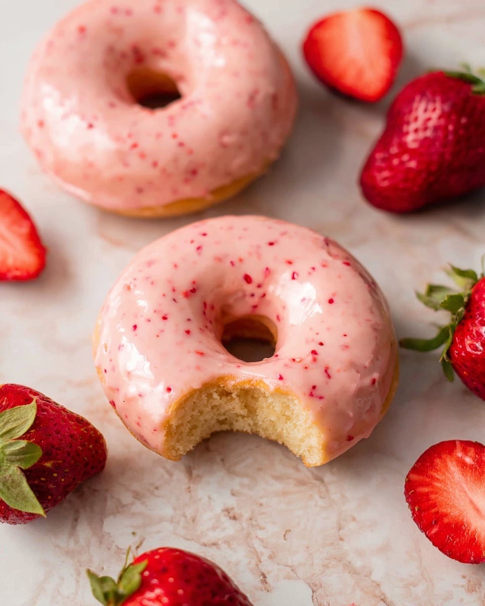 Two donuts with smooth, light pink frosting with small red specks cover the top layers; one donut is whole and the other has a bite taken out showing its soft, light yellow inside. The donuts sit on a white marbled surface. Around the donuts are fresh strawberries, some whole with green leaves, and some cut in half showing bright red centers. The image captures the texture and color contrasts clearly. photo taken with an iphone --ar 4:5 --v 7