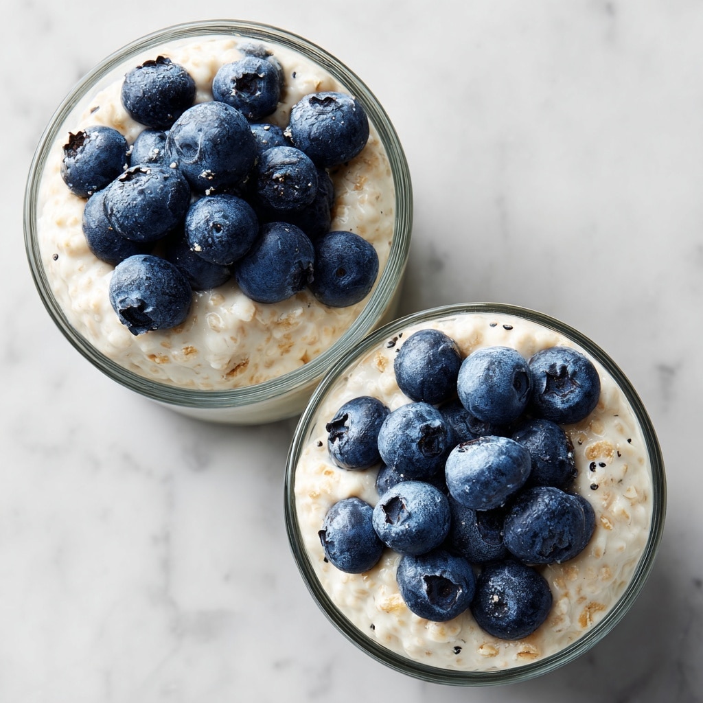 Two clear glass cups filled with a creamy white mixture containing small grains or oats make up the dish. Each cup is topped with a neat pile of plump, fresh blueberries that have a deep blue-purple color with a slight frosty texture. The creamy layer is slightly textured with visible oats or seeds mixed in. The cups are placed on a white marbled surface, with one cup in full view from above and the second partially visible at the bottom right corner of the image. photo taken with an iphone --ar 4:5 --v 7