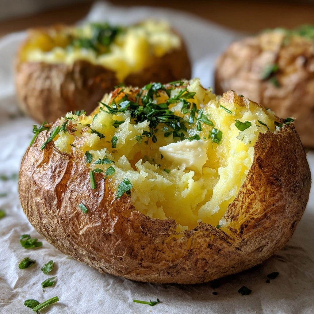The image shows several golden baked potatoes with crispy, lightly wrinkled skins sprinkled with coarse salt. The main focus is on one potato in the front that is cut open in the middle to reveal fluffy, soft, pale yellow potato inside. The potatoes are placed on a white marbled surface with extra salt crystals scattered around. The skin is browned and textured, while the inside looks smooth and creamy. The photo taken with an iphone --ar 4:5 --v 7