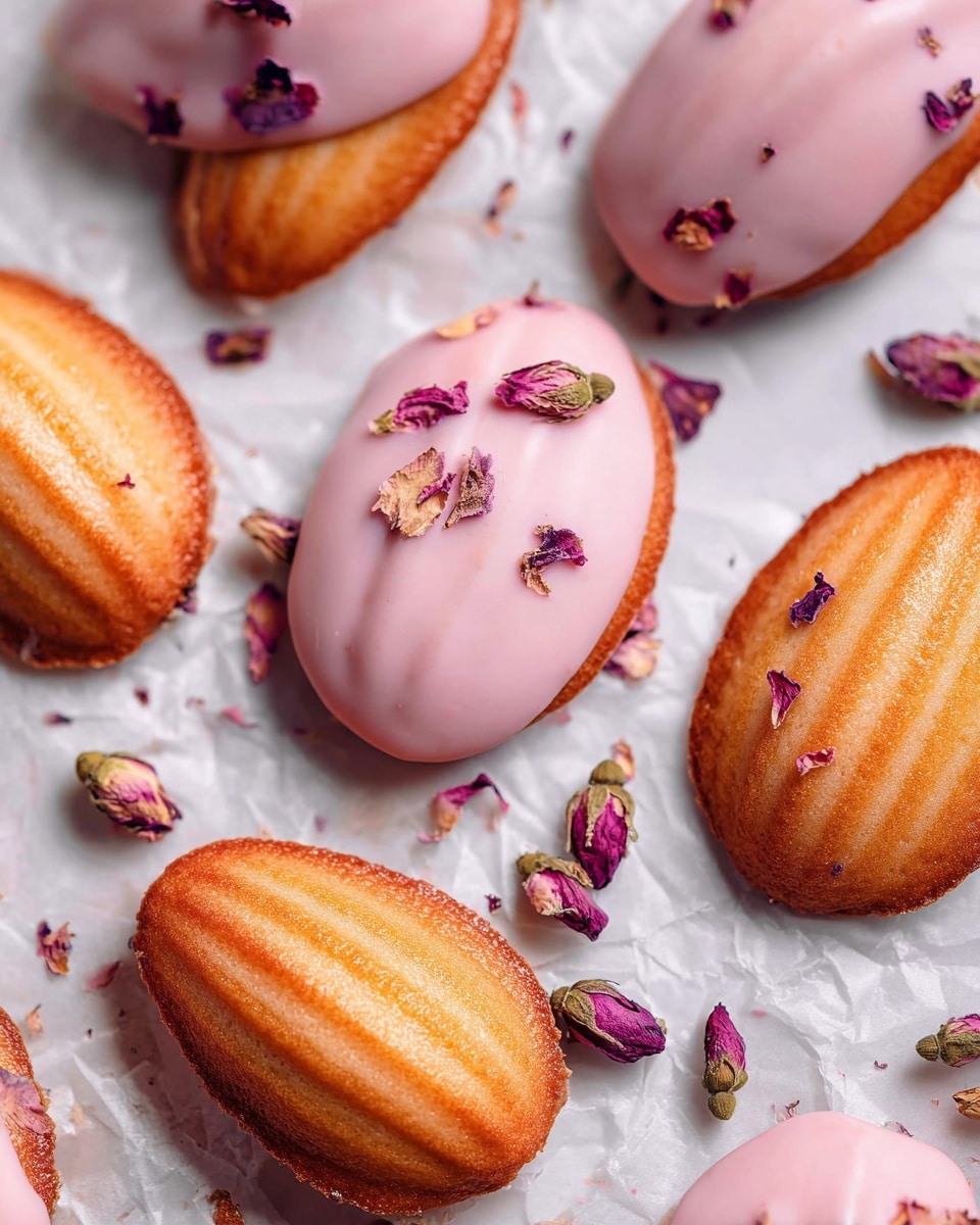 The image shows a collection of madeleines on crumpled white parchment paper placed on a white marbled surface. Each madeleine has two layers: the bottom layer is a golden-brown, shell-shaped cake with a slightly textured surface, while the top layer is a smooth, glossy pink icing covering the rounded side. The pink icing is decorated with small dried pink rose petals scattered on top. Around the madeleines, there are some rose buds and a small brown glass bottle labeled rose water, lying on its side. The overall color palette is warm and soft with pink and light brown tones, and the scene is brightly lit. photo taken with an iphone --ar 4:5 --v 7