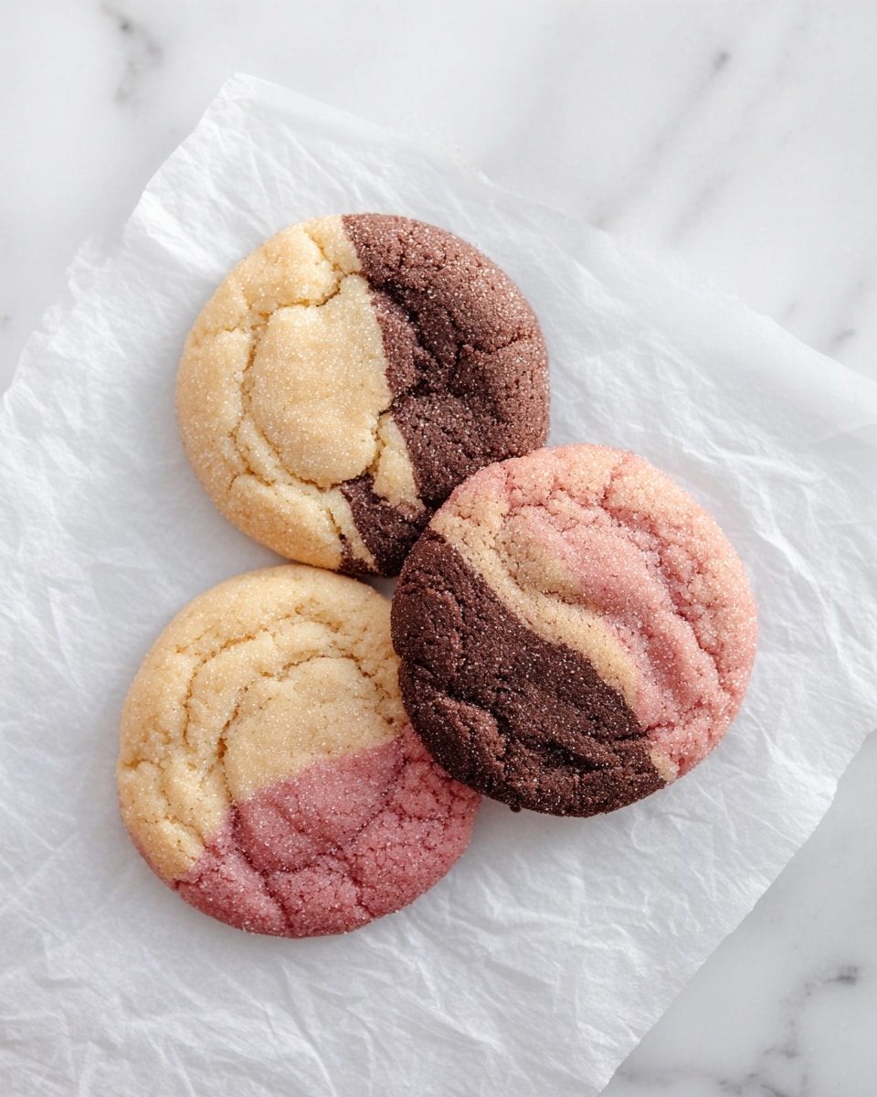 The image shows several round cookies on a white marbled surface. Each cookie has three distinct color layers: creamy pale yellow, soft pink, and dark brown, arranged in an uneven striped pattern. The textures appear soft and slightly cracked with a light sugar coating visible on top, giving the cookies a slightly sparkly look. The edges of the cookies are slightly rounded, and the layers blend in some parts while staying sharply divided in others. photo taken with an iphone --ar 4:5 --v 7