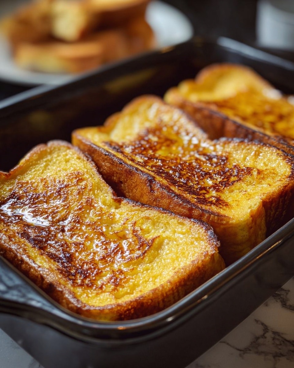 The image shows four thick slices of golden brown French toast placed closely together in a dark baking dish. Each slice has a crispy, slightly charred top layer with a shiny, buttery texture that suggests they are freshly cooked. The sides of the toast are a lighter golden color, showing a soft, fluffy inside. In the background, there is a white plate holding additional slices of French toast, slightly out of focus, all placed on a white marbled surface. The lighting highlights the rich colors and textures of the toast, capturing a warm and inviting breakfast scene. photo taken with an iphone --ar 4:5 --v 7