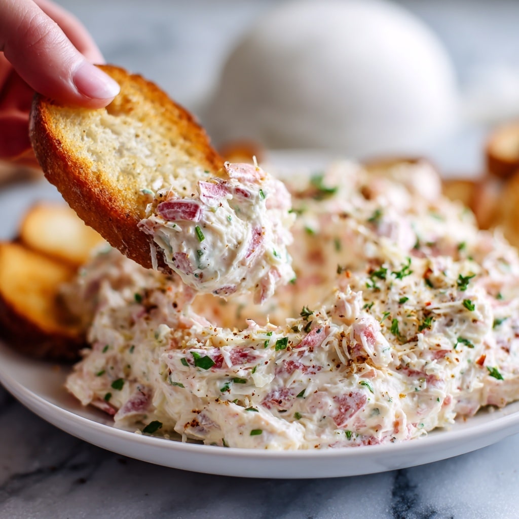 A close-up view of a white plate filled with a creamy, textured dip made from white and pink ingredients, showing bits of red mixed throughout and small green herb pieces scattered on top. A piece of toasted bread with a golden brown crust is held up by a woman's hand, dipped deeply and generously coated with the creamy dip that has a slightly chunky texture with visible strands of white, possibly cheese. The background is softly blurred with a large round white object and the surface beneath is a white marbled texture. Photo taken with an iphone --ar 4:5 --v 7