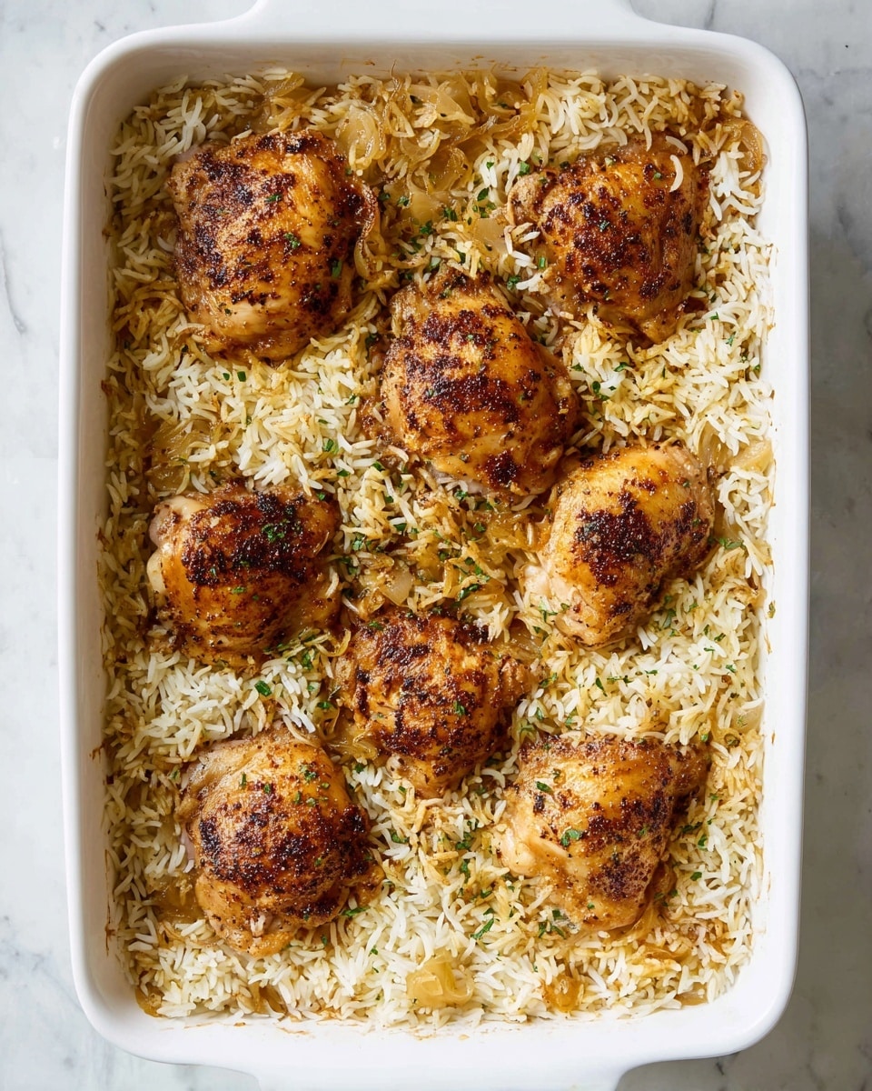 The dish shows a white rectangular baking dish filled with cooked white rice mixed with small bits of cooked onions, forming the bottom layer. On top, there are seven pieces of baked chicken thighs seasoned with spices, giving them a golden brown color with some darker caramelized spots, arranged evenly across the rice. The chicken pieces have a slightly crispy texture on the surface, while the rice looks fluffy and well-cooked. The whole dish is set on a white marbled surface. photo taken with an iphone --ar 4:5 --v 7