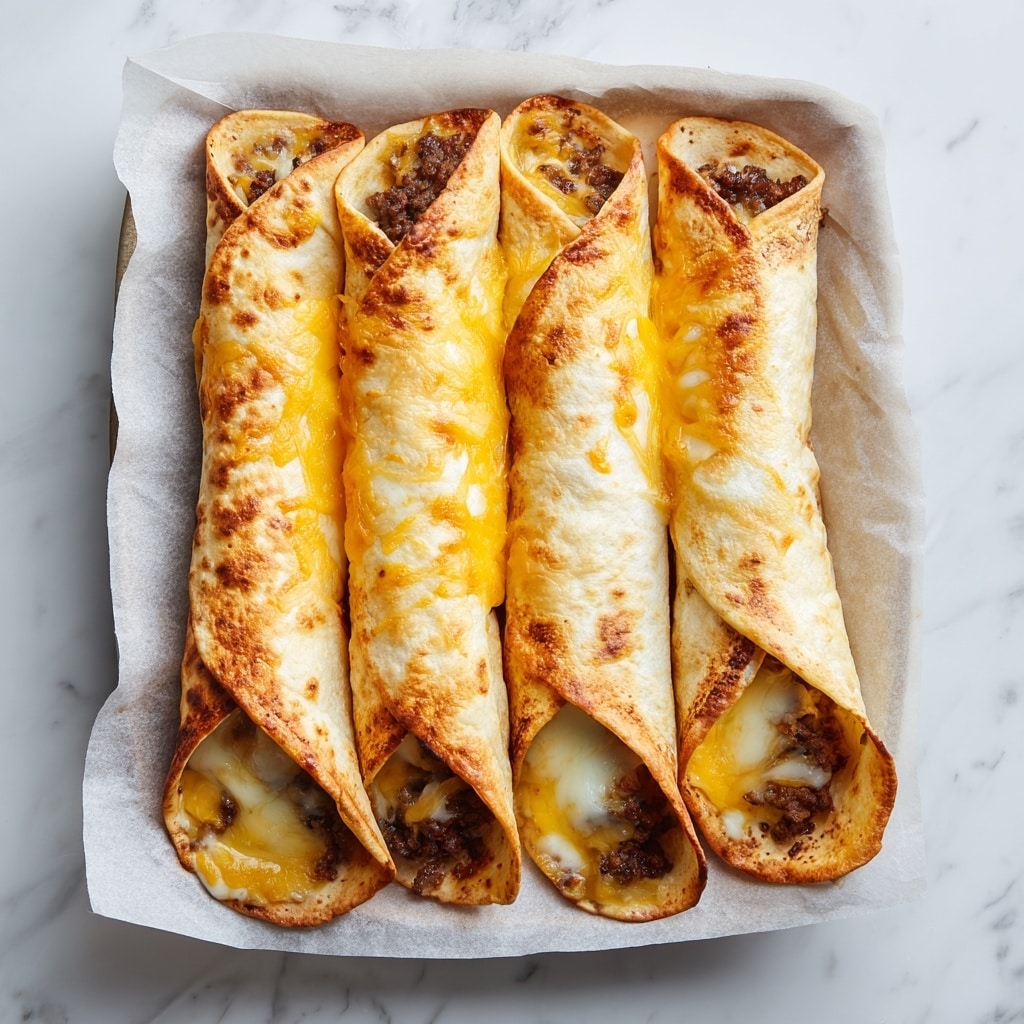 Four rolled tortillas are placed side by side on brown parchment paper atop a white marbled surface. Each tortilla is golden brown with crisp, bubbly grilled spots on the outside. Inside, there are two visible layers: a bottom layer of cooked ground beef in dark brown color and a top layer of melted cheese in rich yellow with some strings of mozzarella cheese stretching slightly out of the tortilla openings. The tortillas are thick and soft-looking with a shiny, slightly oily surface. photo taken with an iphone --ar 4:5 --v 7