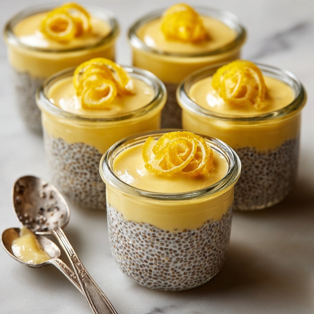 There are several small clear glass jars filled with lemon chia seed pudding, each showing two layers: a bottom layer of smooth pale yellow pudding mixed with tiny black chia seeds, and a top layer of thick, creamy pale yellow pudding. Each jar is topped with a bright yellow lemon peel twist garnish. The jars are placed on a white marbled surface. In one close-up, a spoon lifts a portion of the pudding, clearly showing the chia seeds suspended within the creamy yellow mixture. Photo taken with an iphone --ar 4:5 --v 7