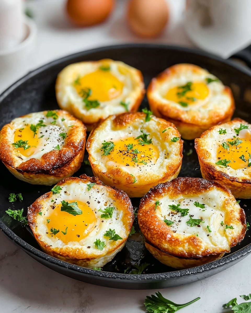 A black pan holds seven golden-brown egg muffins arranged in a circle with one in the center. Each muffin has a crispy, browned outer edge with a soft white egg layer forming the base, topped with bright yellow yolks, some whole and some slightly melted into the white. Small green parsley leaves are sprinkled on top of each muffin, adding a fresh touch, while a few specks of black pepper are visible. The pan rests on a white marbled surface with a soft, blurred background that includes some brown eggs and white kitchenware. Photo taken with an iphone --ar 4:5 --v 7