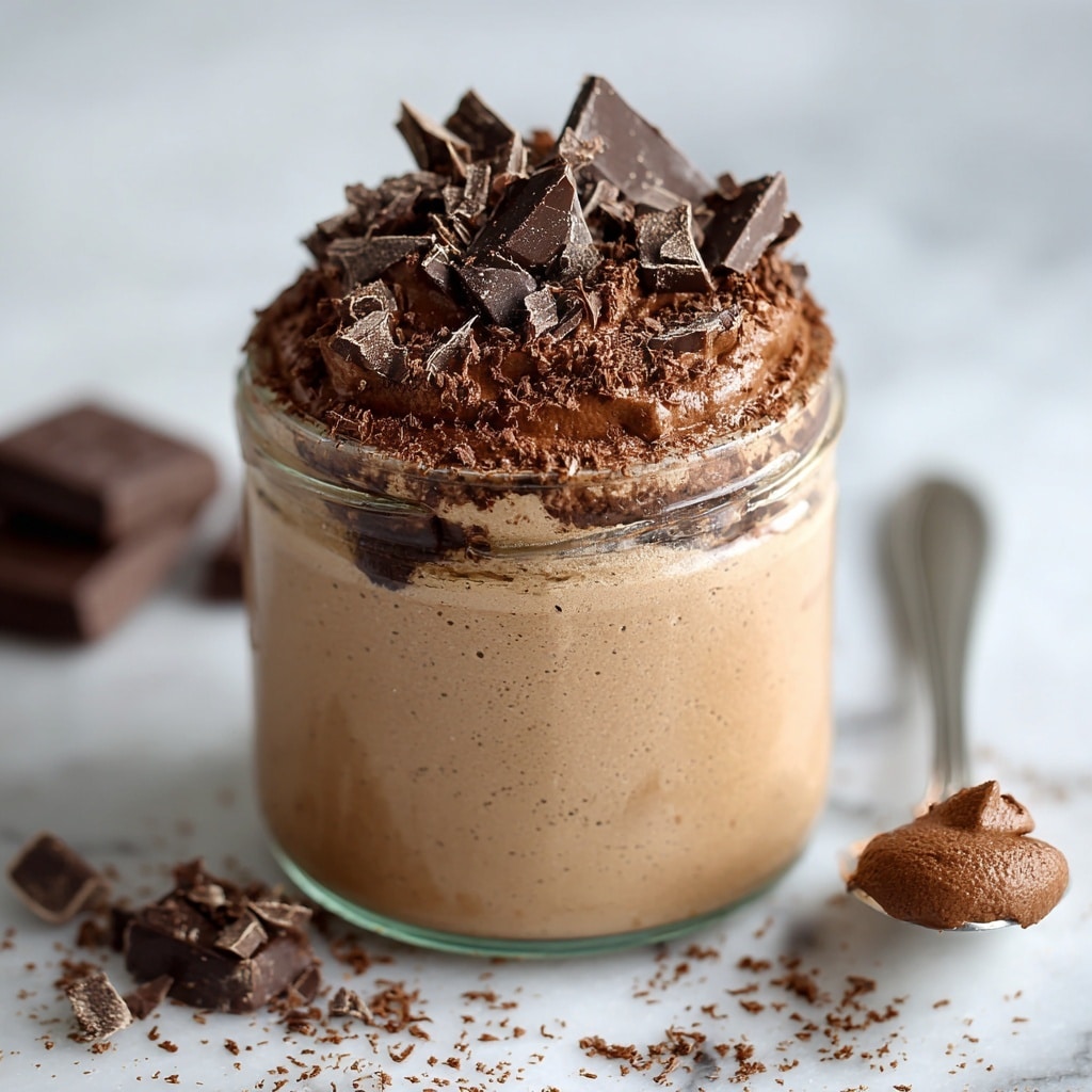 A glass jar filled with smooth, light brown chocolate mousse that nearly reaches the top edge, with a thick swirl of mousse rising above the rim. On top, there are many pieces of dark chocolate chunks and small chocolate sprinkles scattered unevenly. The jar is placed on a white marbled surface with small chocolate bits scattered around, and a blurred piece of chocolate in the background. The focus is close on the mousse texture and chocolate pieces, showing a creamy and rich dessert. Photo taken with an iphone --ar 4:5 --v 7