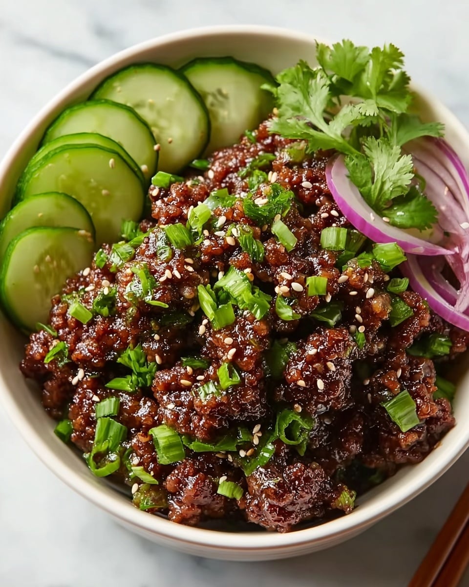 The image shows a white bowl filled with a savory dish made of dark brown glazed ground meat, garnished with green chopped scallions and fresh cilantro leaves. On one side of the bowl, there are thin, light green cucumber slices arranged in a layered pattern. Some pieces of thinly sliced red onion add a touch of purple mixed in with the meat. The meat looks sticky and textured with sesame seeds sprinkled on top, adding a subtle detail. The bowl sits on a white marbled surface, creating a clean and fresh background. Photo taken with an iphone --ar 4:5 --v 7