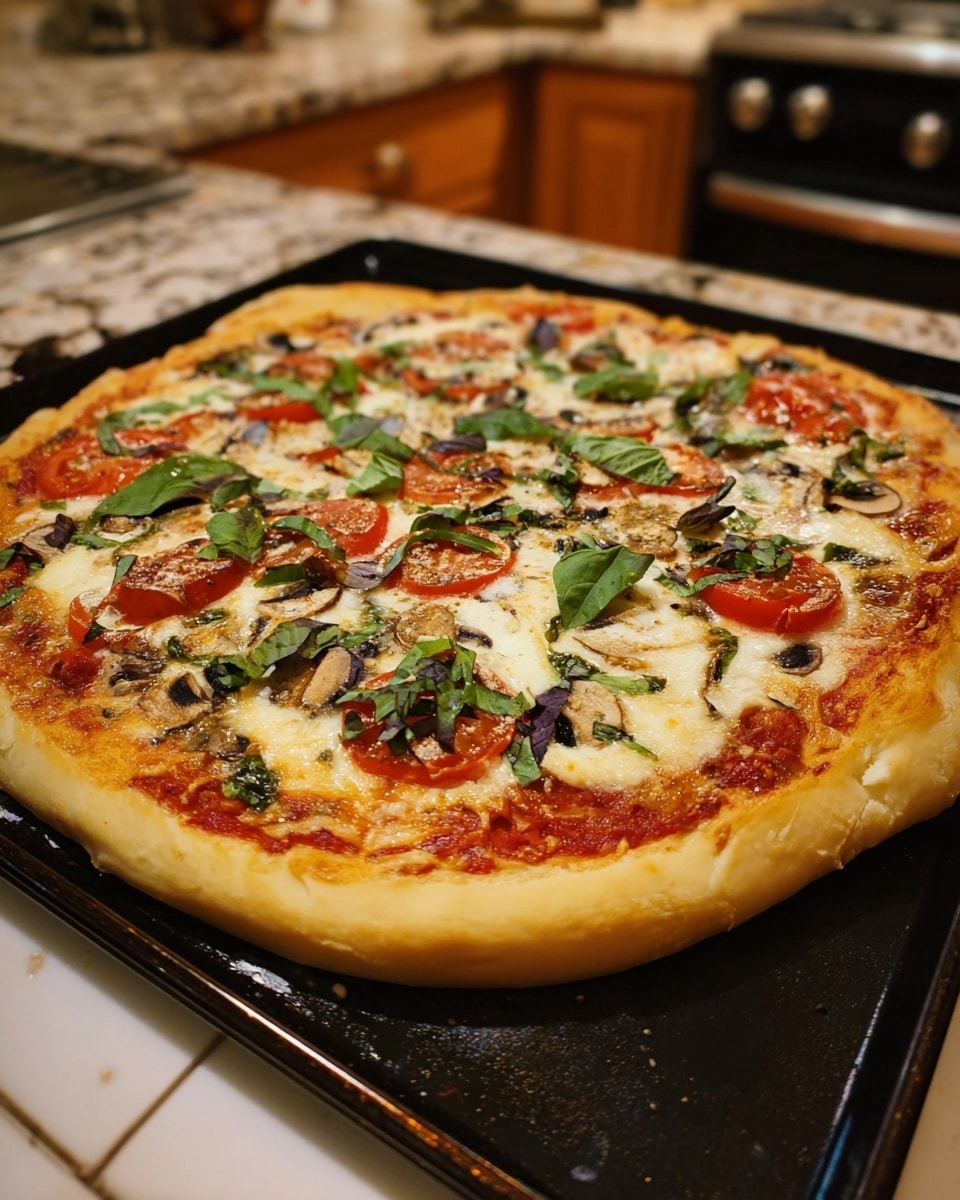A close-up view of a slice of pizza being held by two hands, one is a woman's hand and the other a man's hand, above a wooden board with the rest of the pizza in the background. The pizza has a thick, golden-brown crust with visible char marks. The first layer is a red tomato sauce spread evenly on the dough. On top, there is a creamy white cheese layer that looks slightly melted. The third layer contains toppings of sliced mushrooms that are light brown and slightly cooked, slices of red tomatoes, and fresh green basil leaves scattered on top, adding a touch of vibrant color. The background has a white marbled texture with small circular decorative elements. photo taken with an iphone --ar 4:5 --v 7