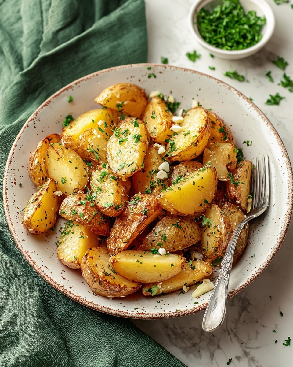 The image shows a bowl filled with golden roasted potato wedges, cut into medium-size pieces with crispy brown skins and soft yellow insides. The potatoes are sprinkled evenly with chopped green parsley and small bits of white garlic. The bowl is white with brown speckles, sitting on a white marbled surface next to a green cloth napkin and a small white bowl containing fresh parsley. A silver fork rests inside the bowl on the right side. photo taken with an iphone --ar 4:5 --v 7