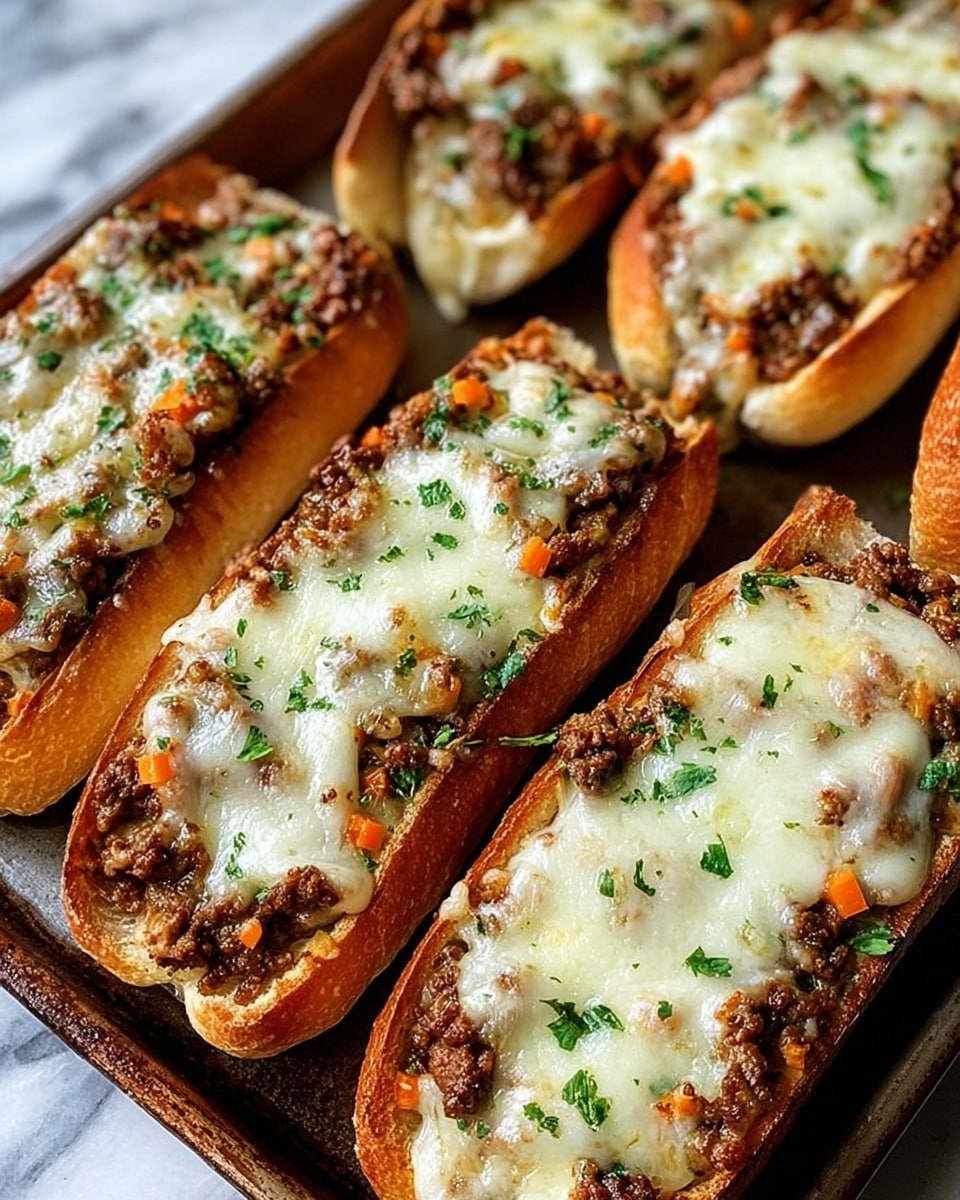 The image shows four sandwich halves, each consisting of a white bread sub base with a golden toasted crust. On the bread, there is a thick layer of cooked minced meat mixed with small pieces of orange vegetable, likely carrot, giving a textured look. On top of this meat layer is a generous spread of melted, slightly browned white cheese, covering most of the filling. The sandwiches are garnished with scattered green herbs, adding color contrast. They rest closely together on a baking tray, with some cheese melted onto the edges of the bread and the tray. The background features a white marbled surface. photo taken with an iphone --ar 4:5 --v 7