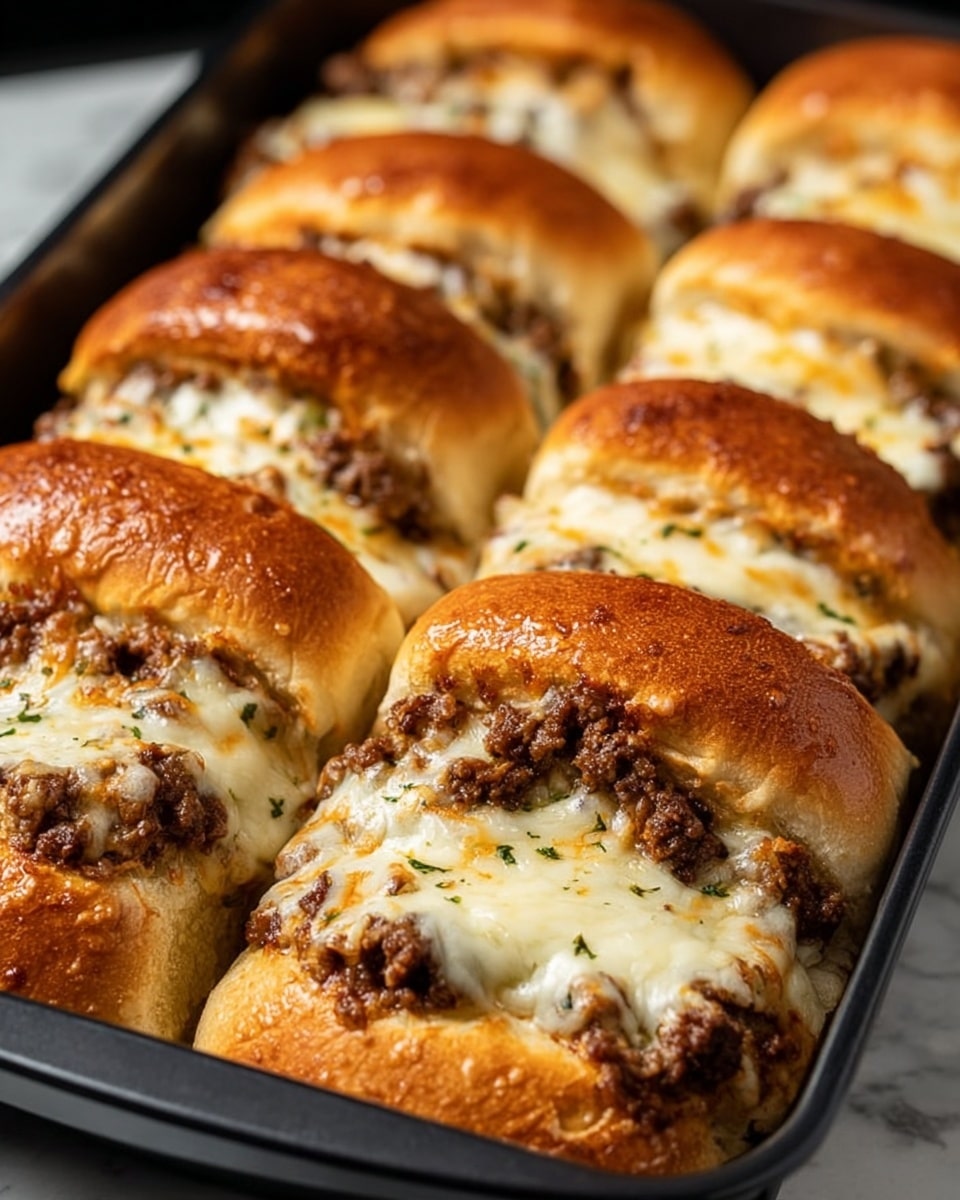 The image shows a tray of cooked sandwiches in a black baking pan, each sandwich made with two layers of golden-brown soft rolls. Inside the rolls, there is a layer of browned ground meat mixed with herbs, topped by a melted layer of white cheese that has slightly browned and bubbled. The sandwiches are arranged closely in the pan, showcasing the soft texture of the bread on the outside and the savory filling inside. The background is a white marbled texture. Photo taken with an iphone --ar 4:5 --v 7