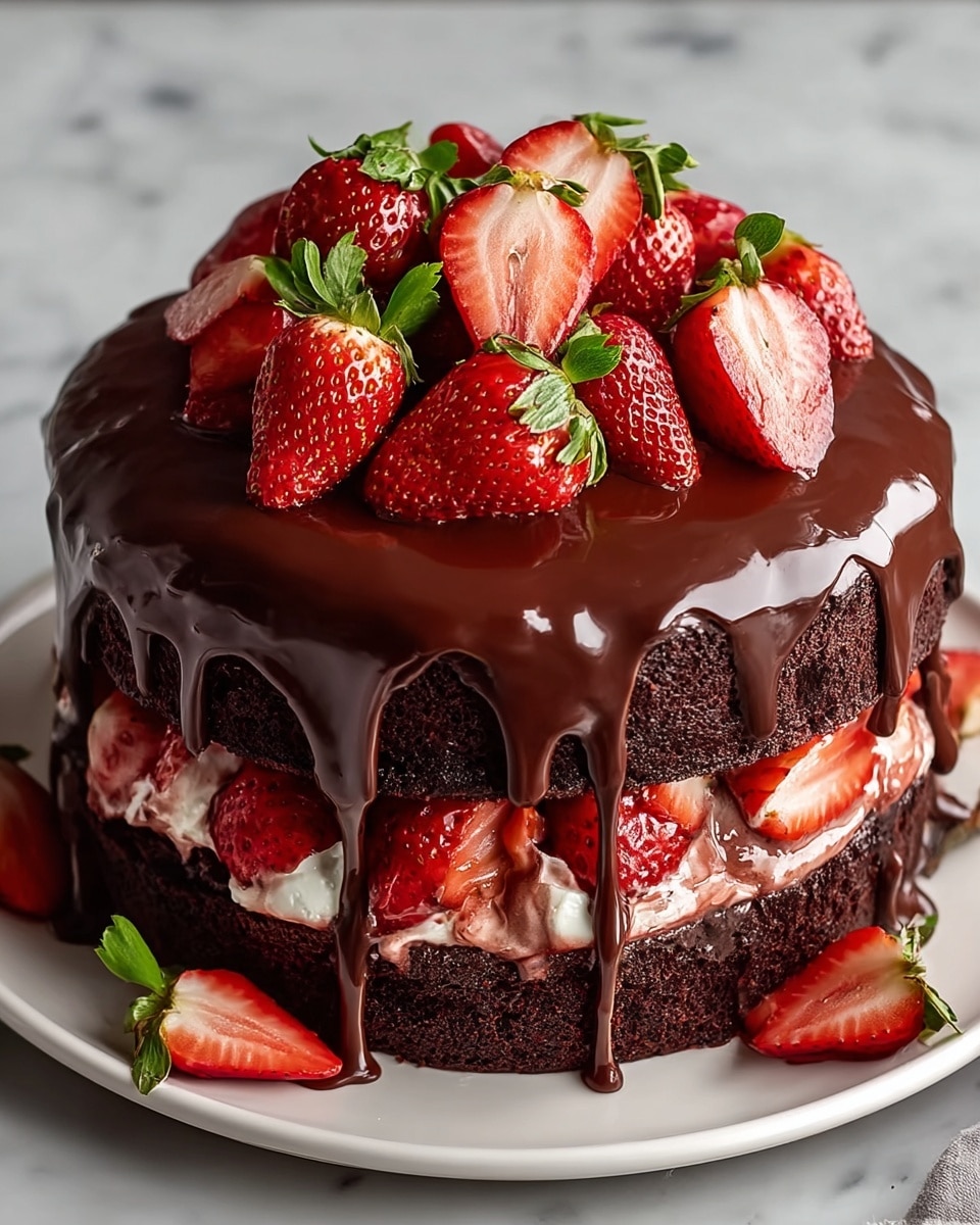 A three-layer chocolate cake displayed on a white plate with a gold rim, sitting on a white marbled surface; the bottom layer is dark, dense chocolate cake, followed by a thick middle layer of light pink whipped cream with airy, soft texture, then topped with another dark chocolate cake layer. The top of the cake is covered with a glossy dark chocolate ganache that drips artistically down the sides. On the ganache are fresh whole and halved red strawberries with green leaves, arranged neatly across the surface. The cake has a slice removed, showing the clear contrast between the dark cake and pale pink cream inside. Photo taken with an iphone --ar 4:5 --v 7