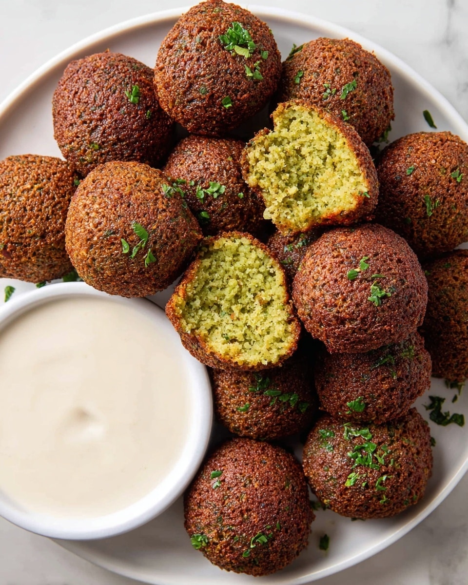 A white plate holds about fifteen deep-fried falafel balls with a rough, crispy dark brown outer layer sprinkled lightly with chopped green herbs. One falafel ball is cut open in the front, showing a soft, bright green inside with a crumbly texture. On the left edge of the plate, a white bowl filled with smooth, creamy white sauce is visible. The plate sits on a white marbled surface. photo taken with an iphone --ar 4:5 --v 7