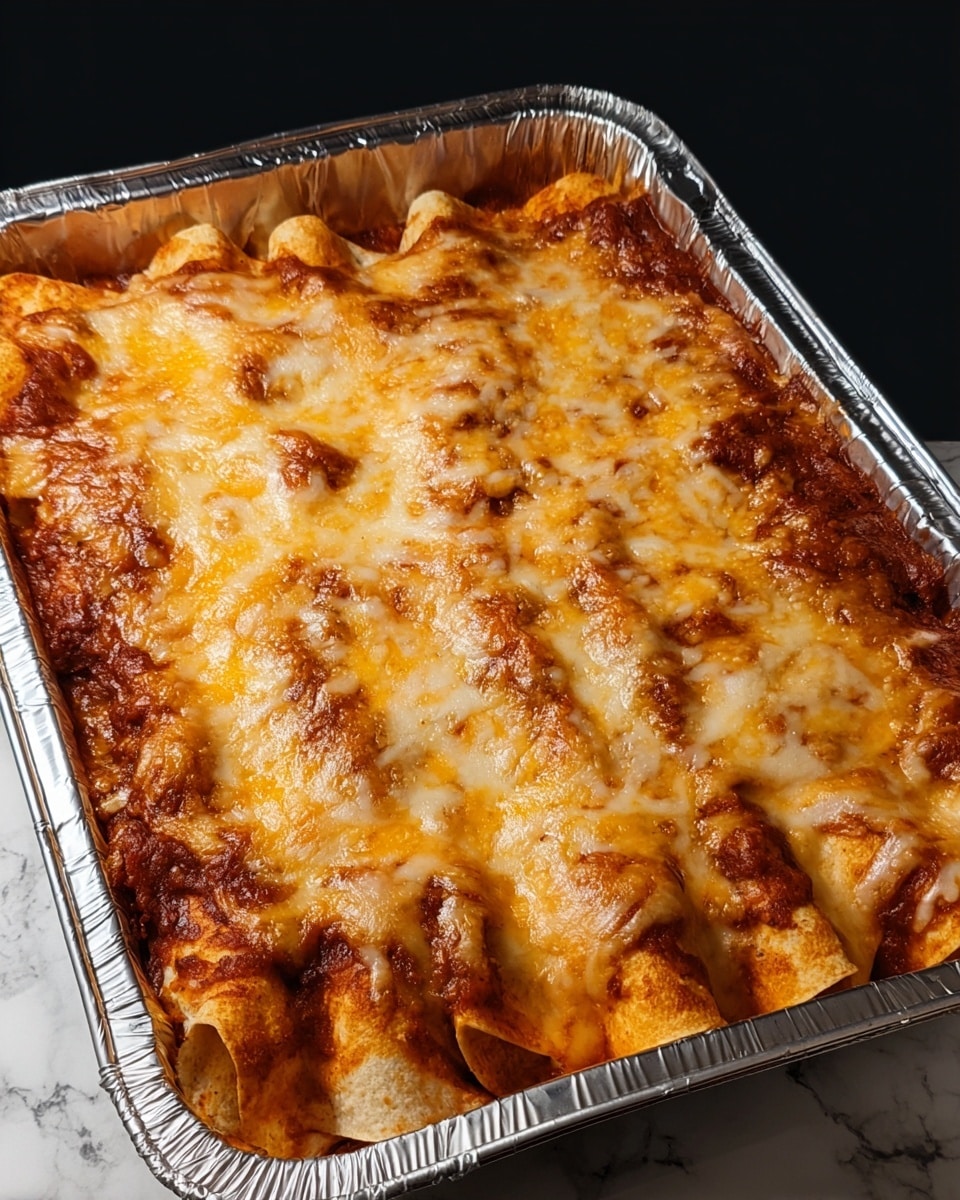 The image shows a large rectangular aluminum tray full of baked enchiladas. There are two visible layers, the bottom layer is filled with rolled tortillas covered in red sauce, and the top layer is melted golden-brown cheese with slightly crispy spots, covering the entire tray evenly. The tortillas are soft and slightly browned on the edges from baking. The tray is placed on a white marbled surface with a black background. photo taken with an iphone --ar 4:5 --v 7