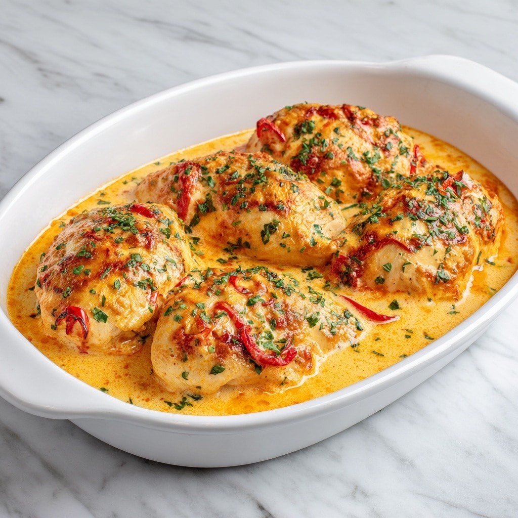 The image shows a white oval dish filled with four pieces of cooked chicken breast covered in a thick, creamy orange sauce. The chicken pieces are golden brown with a slightly crispy texture, sitting in the rich sauce that is smooth with small bits of red and green herbs scattered throughout. Fresh green cilantro leaves are sprinkled over the chicken pieces, adding a hint of freshness and color contrast. The sauce pools quietly around each piece, filling the dish evenly. The dish is set on a white marbled surface. photo taken with an iphone --ar 4:5 --v 7