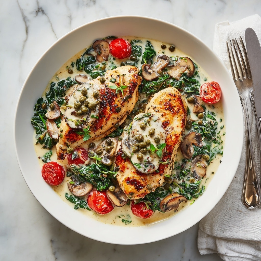 A white bowl contains two thick, golden-brown grilled chicken breasts placed in the center, topped with a creamy white sauce speckled with green capers and sliced mushrooms. Around the chicken, there is a rich cream sauce mixed with wilted dark green spinach leaves and bright red cherry tomatoes, some sliced mushrooms also scattered in the sauce. Fresh green herbs garnish the dish. The bowl is on a white marbled surface with a silver fork and knife resting on a white cloth napkin to the right side of the bowl. Photo taken with an iphone --ar 4:5 --v 7