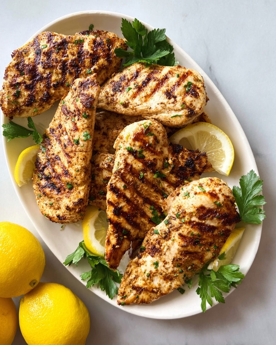 A white oval plate holds seven grilled chicken breasts arranged in two loose rows, each piece showing dark brown grill marks and a mix of golden and light brown charred spots. Bright yellow lemon wedges are placed strategically around the edges of the plate, adding a fresh pop of color. Sprigs of fresh green parsley are scattered on and around the chicken, creating vibrant green highlights. The plate is set on a wooden surface with a light natural grain, and a salt and pepper grinder sit nearby. Photo taken with an iphone --ar 4:5 --v 7