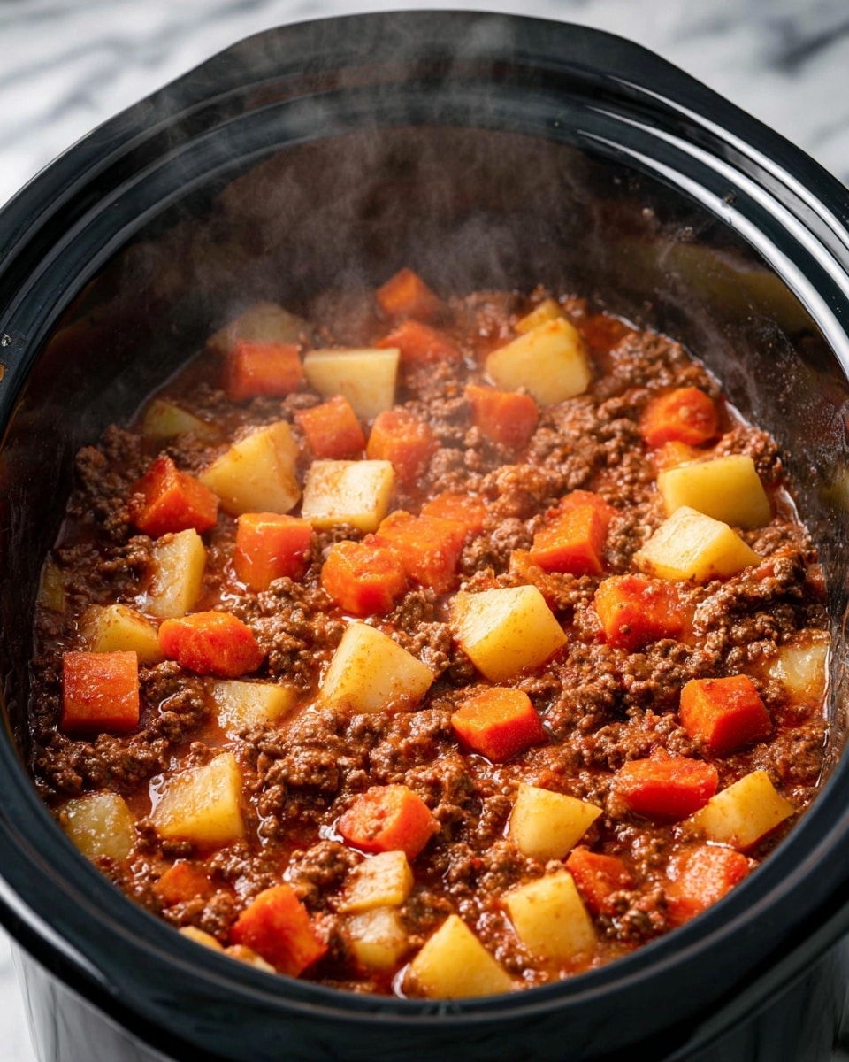 A close-up view of a slow cooker filled with a hearty stew layer of chunky brown ground beef mixed with a thick reddish-brown sauce, large pieces of orange carrots and pale yellow potatoes evenly distributed throughout. Steam rises gently from the stew, highlighting its warmth and freshness. The slow cooker has a black inner pot and a metallic outer edge with a smooth texture. The image is set against a white marbled textured background. photo taken with an iphone --ar 4:5 --v 7