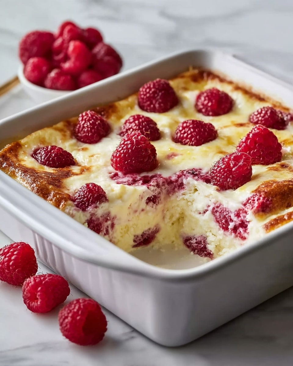A square white ceramic baking dish holds a creamy, baked dessert with a golden-brown top that has slightly browned edges. The dessert has two main layers: a white, soft, and smooth creamy base with embedded bright red raspberries and a slightly browned top layer with baked raspberries scattered on the surface. Several fresh raspberries rest around the dish on a white marbled surface, and a few slices are missing from one corner, showing the texture inside. A blurry lemon and stacked white plates are in the background. photo taken with an iphone --ar 4:5 --v 7