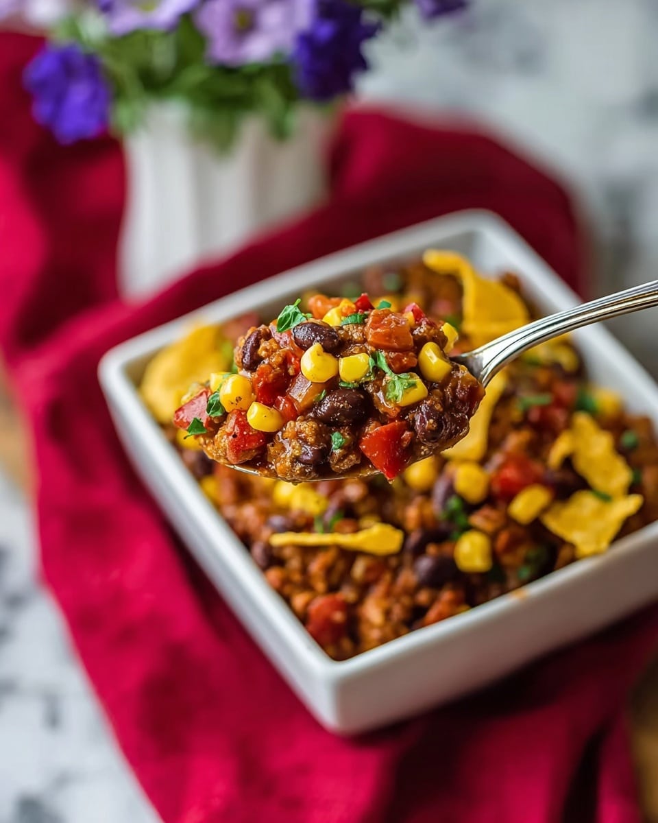 A white bowl filled with a colorful chili layered with black beans, corn, and red tomatoes in a rich, thick sauce, topped with shredded yellow cheese and crunchy broken tortilla chips, sprinkled with chopped green onions. The bowl sits on a folded dark red cloth over a white marbled surface, with blurred green plants and purple flowers in white pots in the background. The lighting is bright and natural, highlighting the vibrant colors and textures of the chili and toppings. photo taken with an iphone --ar 4:5 --v 7
