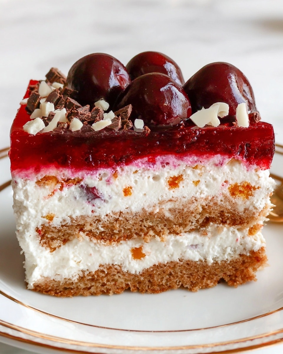 A slice of layered cake on a white plate with a gold edge is shown close up. The cake has four layers: a bottom slightly crumbly brown sponge, a thick middle creamy white layer with small orange pieces, a thinner second brown sponge, and a top thick red jelly-like layer. The top is decorated with whole and halved shiny dark red cherries and small white and dark chocolate shavings scattered over the red jelly. The background and surface are a white marbled texture. photo taken with an iphone --ar 4:5 --v 7