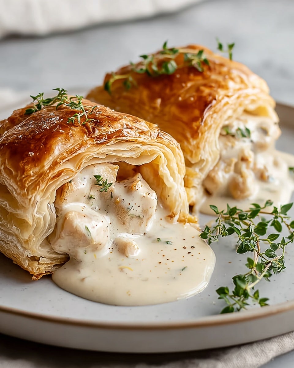 Two golden brown puff pastry rolls sit on a white plate with a thin brown rim on a white marbled surface. Each roll has a shiny, flaky crust with visible layers and a few small thyme leaves on top. One roll is cut open, showing three layers: the crispy outer pastry in deep golden brown, a thick creamy white sauce with light brown specks oozing out from inside, and chunks of tender, light brown chicken beneath the sauce. Fresh green thyme sprigs rest next to the rolls on the plate. A silver fork lies to the left side of the rolls. The photo taken with an iphone --ar 4:5 --v 7