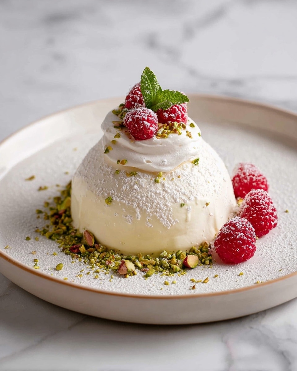 Three round white meringue domes, each topped with a small dollop of pale cream, a bright red raspberry, and a small green mint leaf, sit on a white plate. The meringue layers are smooth with a slightly cracked texture, dusted lightly with powdered sugar. Crushed pistachio bits are sprinkled around the plate and on top of the cream, adding green and brown specks. Additional raspberries and mint leaves are scattered on the plate, all set on a white marbled surface. Photo taken with an iphone --ar 4:5 --v 7
