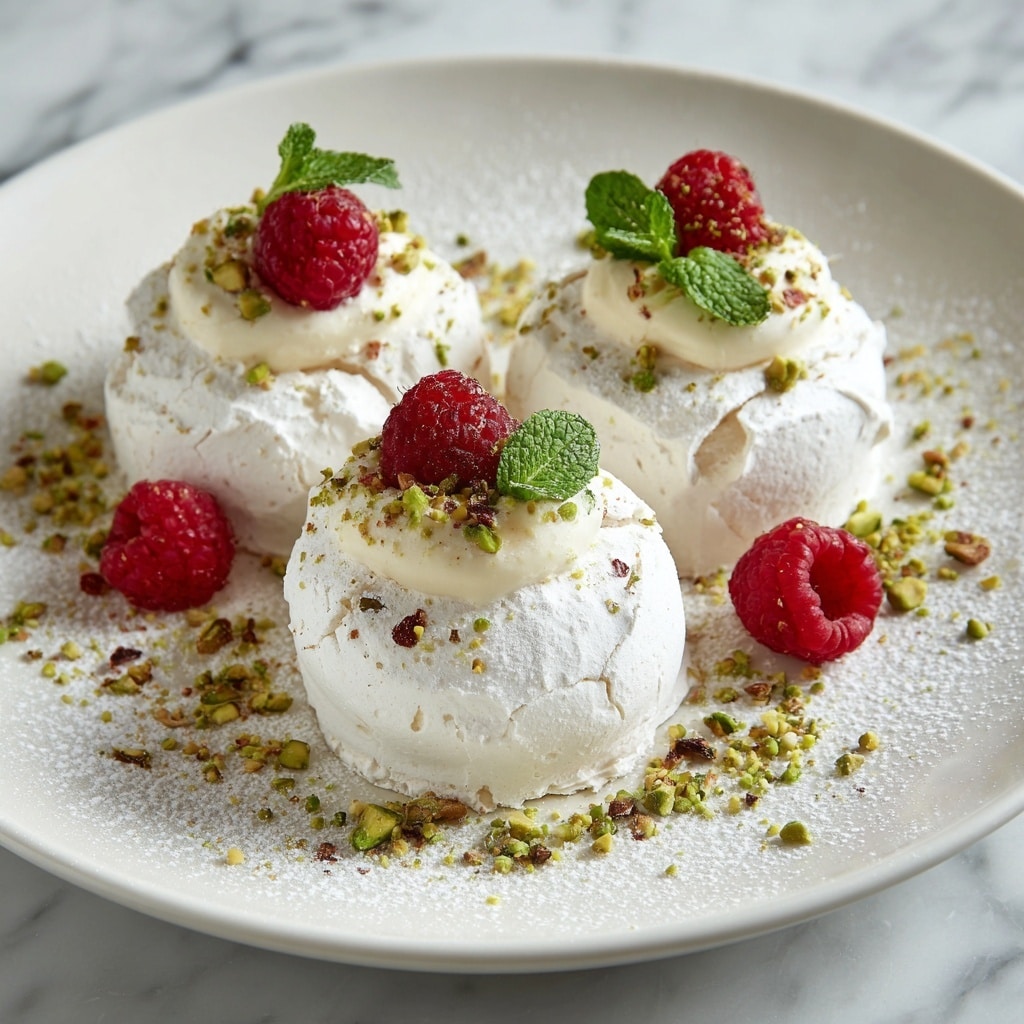 A single white round meringue dome sits on a smooth light yellow cream base, placed in the center of a white plate with a slight beige rim, on a white marbled surface. On top of the meringue, there is a dollop of glossy white cream crowned with a single red raspberry and a small mint green leaf, both dusted lightly with powdered sugar. Around the base and side of the meringue, crushed green pistachios are scattered along with a light dusting of powdered sugar, while three additional raspberries also dusted with powdered sugar are neatly arranged to the right on the plate. photo taken with an iphone --ar 4:5 --v 7