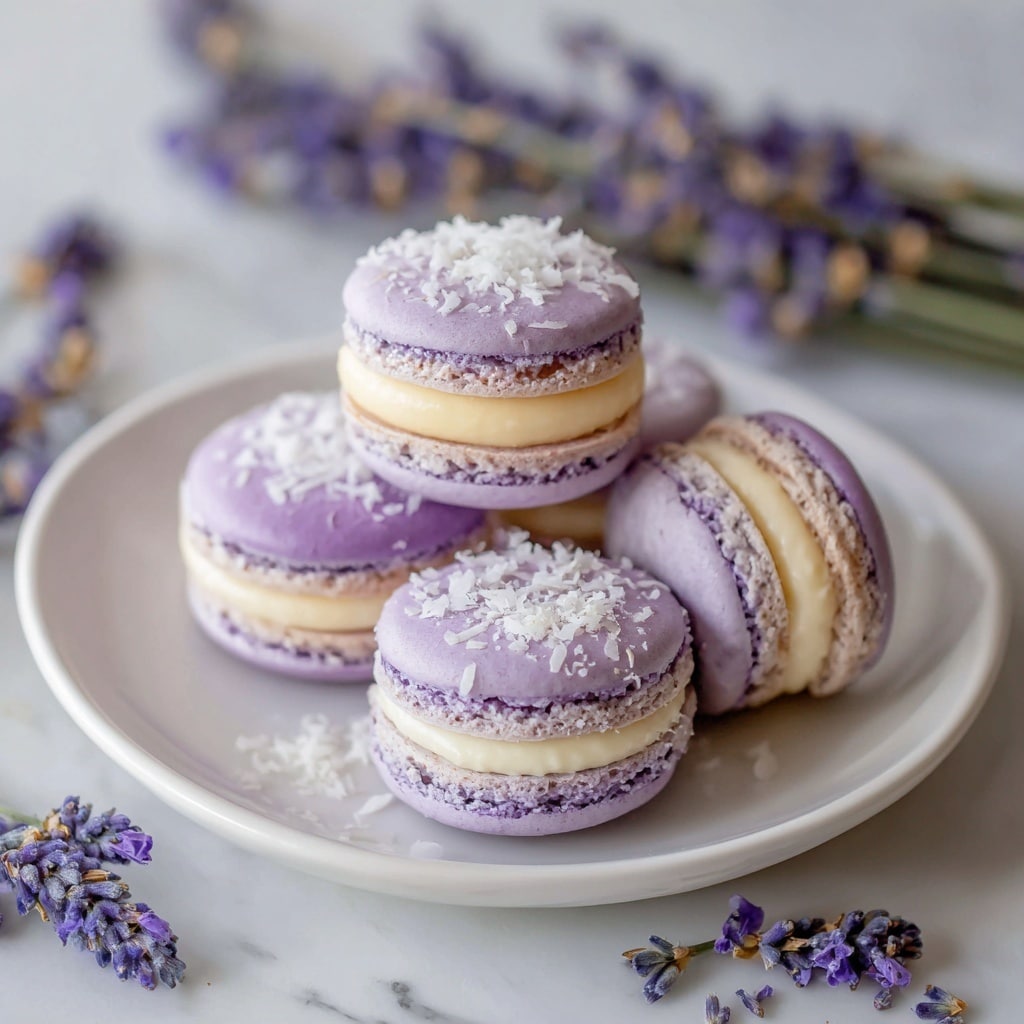The image shows a white plate with five lavender-colored macarons stacked on it. Each macaron has two smooth, round shells with a gently cracked edge, filled with creamy layers, some light purple and some pale yellow. The macarons’ tops are lightly dusted with white flakes, likely coconut. In the front, three macarons are closely arranged, with two more slightly blurred in the background. Around the plate, sprigs of purple lavender flowers and small flower buds are scattered on a white marbled surface, adding a soft, natural touch. Photo taken with an iphone --ar 4:5 --v 7