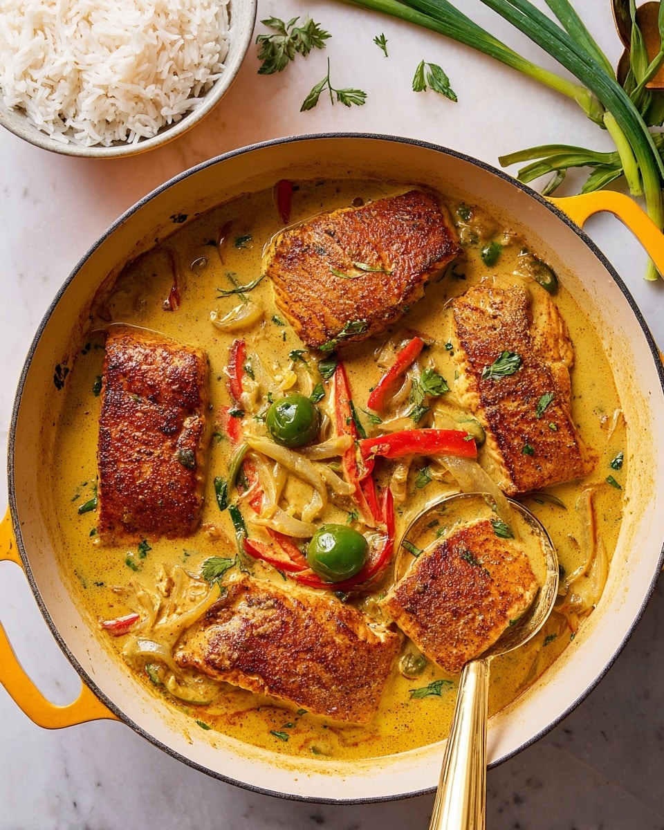 A white pan with yellow handles holds four pieces of browned, seasoned fish fillets arranged closely on the creamy, yellow curry sauce. The sauce contains cooked green and red bell pepper strips and a small green whole pepper, mixed throughout and garnished with small green herb leaves. A ladle with a gold handle rests inside the pan, partially submerged in the sauce. In the top right corner, a white bowl filled with cooked white rice sits on a white marbled surface with fresh green onion pieces nearby. The lighting is bright, highlighting the rich colors and textures. photo taken with an iphone --ar 4:5 --v 7
