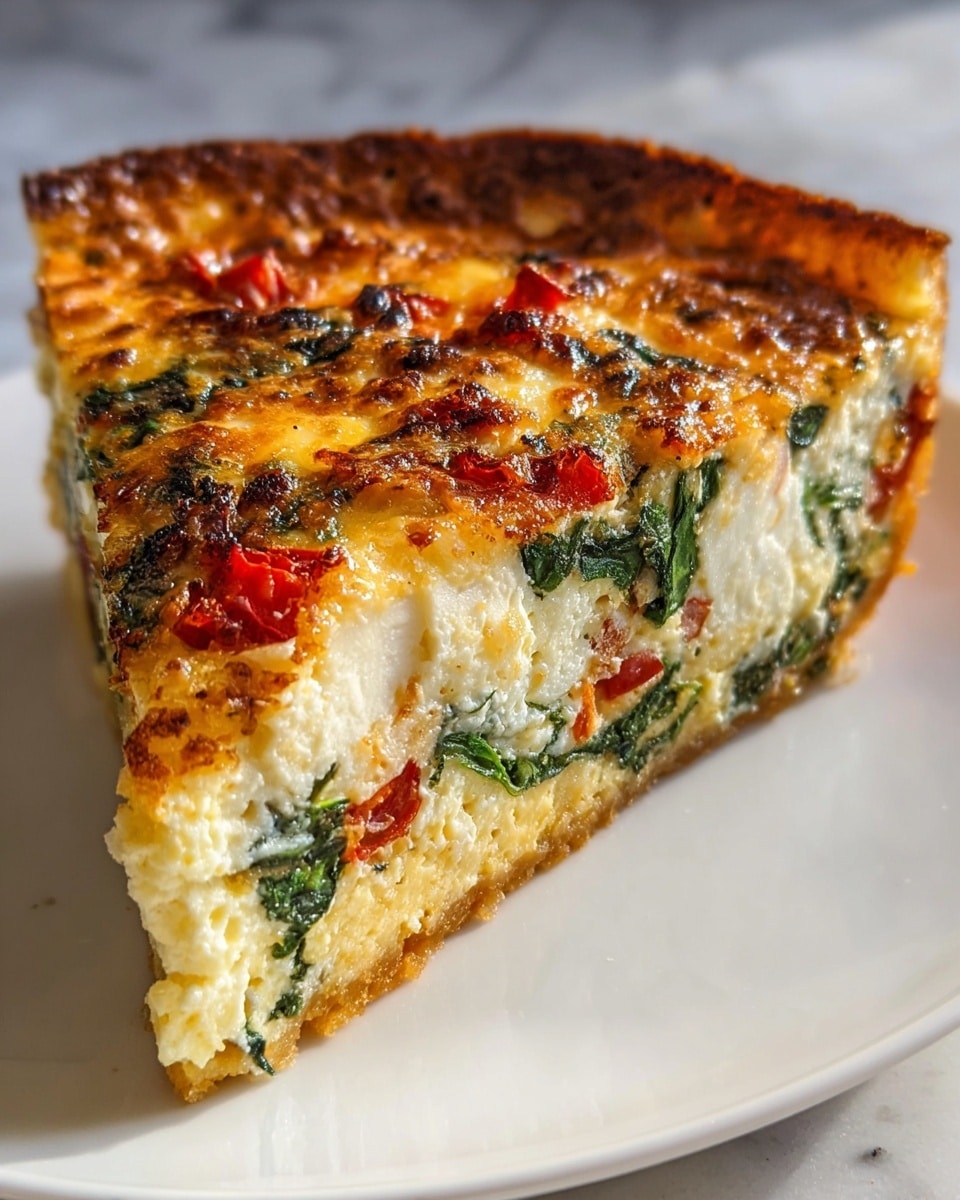 A thick slice of quiche sits on a white plate with a golden-brown, slightly crispy crust forming the bottom layer. The middle layer is pale, fluffy, and creamy with visible bits of green spinach and red bell pepper spread throughout. The top layer is golden with browned, slightly bubbly cheese and scattered small chunks of red pepper and spinach, giving it a textured and colorful finish. The quiche has a soft but firm look, with a moist and rich texture. The photo is set on a white marbled surface. photo taken with an iphone --ar 4:5 --v 7