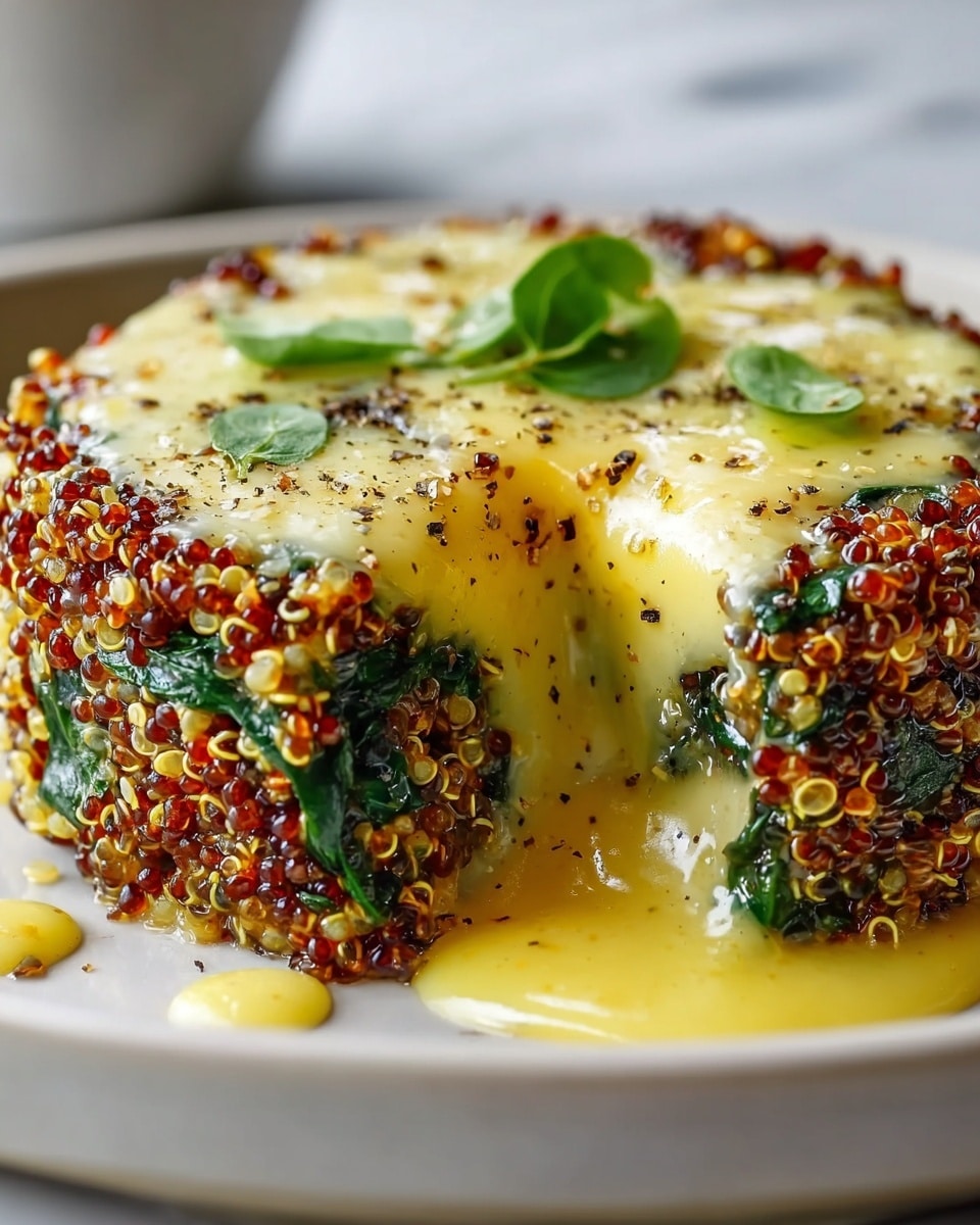 A square-shaped quinoa bake sits on a white plate, showing three visible layers: the bottom layer is a mix of cooked white and red quinoa with wilted green spinach, a middle creamy pale cheese layer melts slightly and drips down the sides, and the top layer is golden-yellow melted cheese with small darker toasted spots, garnished with two fresh bright green spinach leaves. The edges show a crispy browned quinoa crust that contrasts with the soft interior. The white plate rests on a white marbled texture. photo taken with an iphone --ar 4:5 --v 7