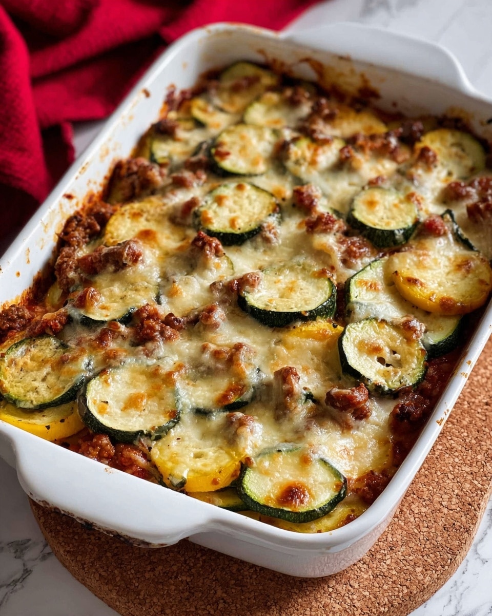The image shows a baked casserole in a white rectangular dish, filled with at least three visible layers. The bottom layer is a rich, deep red tomato sauce with bits of browned meat, which is topped with a layer of sliced green zucchini and yellow squash arranged closely together. The top layer is melted, slightly browned cheese that covers the vegetables and meat, giving a creamy white and golden texture with crispy spots. The dish is placed on a cork mat with a red cloth partially visible in the background, set on a white marbled surface. photo taken with an iphone --ar 4:5 --v 7