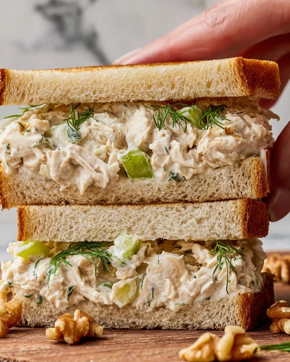 The image shows a close-up of a sandwich with two thick slices of toasted white bread. The top slice is slightly lifted by a woman's hand, revealing a creamy chicken salad inside. The filling is made of shredded white chicken mixed with a white creamy sauce, small pieces of light green celery, and small sprigs of fresh dill. The bread looks soft inside with a golden toasted crust on the outside. The sandwich sits on a white marbled surface. photo taken with an iphone --ar 4:5 --v 7