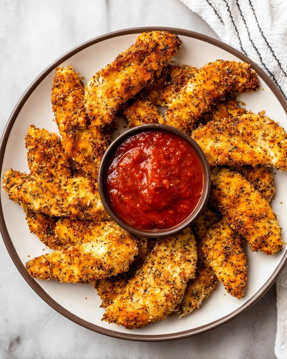 The image shows a white round plate with a brown rim, filled with 10 golden-brown breaded chicken tenders arranged in a circular pattern around a small dark bowl of thick red dipping sauce placed in the center, the chicken tenders have a crispy, seasoned texture with visible herbs; the plate is set on a white marbled surface next to a white cloth with black lines, and a woman's hand is not visible in this image, photo taken with an iphone --ar 4:5 --v 7
